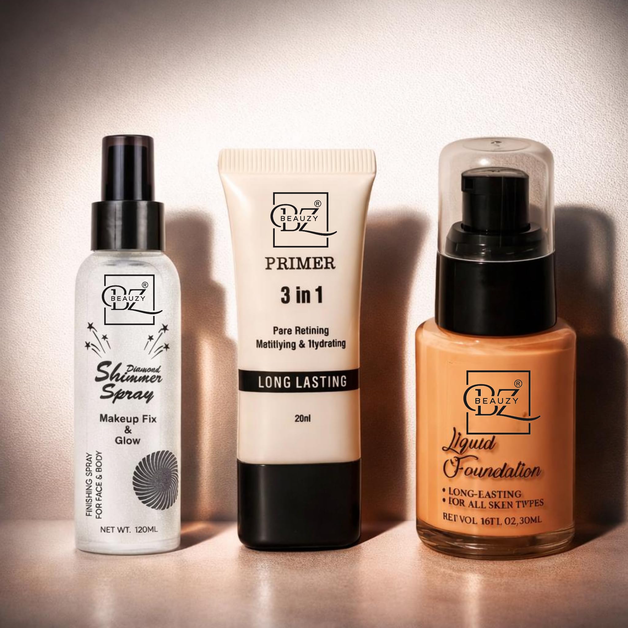 Beauzy 3-in-1 Makeup Combo Kit – Face Primer 20ml + Liquid Foundation 30ml + Diamond Shimmer Spray 120ml | Long-Lasting Base, Flawless Coverage & Instant Glow | For All Skin Types