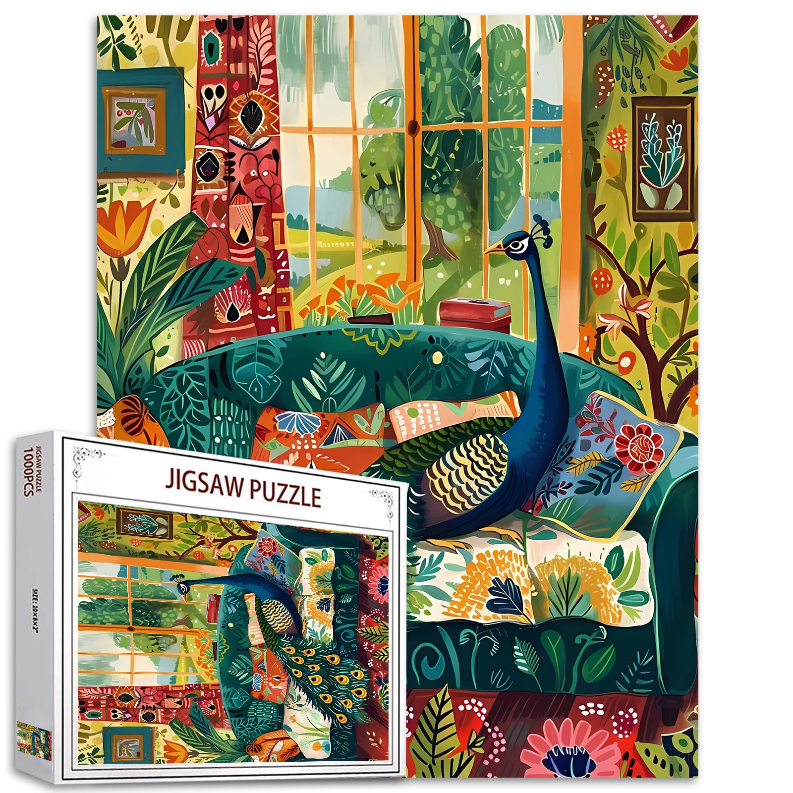 Tucocoo Green Peacock on Sofa Jigsaw Puzzles for Adults 1000 Pieces, Funny Animals Vintage Art Jigsaw Puzzle Colorful DIY Puzzles for Home Decoration, Family Puzzle Perfect for Game Nights 27x20 Inch