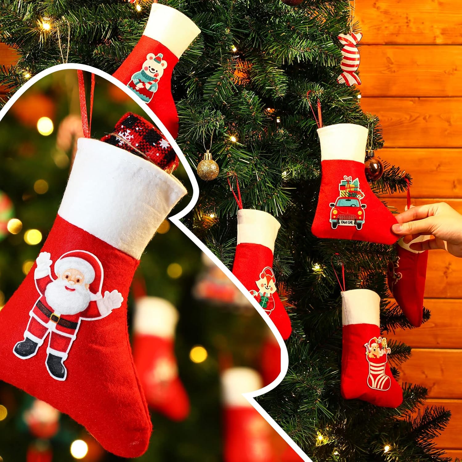 Supervitae 48 Pcs Mini Christmas Stockings Small Stockings Bulk Red Felt Mini Stockings Traditional Stockings Christmas Stocking Holder Reindeer Santa Snowman Stockings Ornaments for Home Gifts Decor