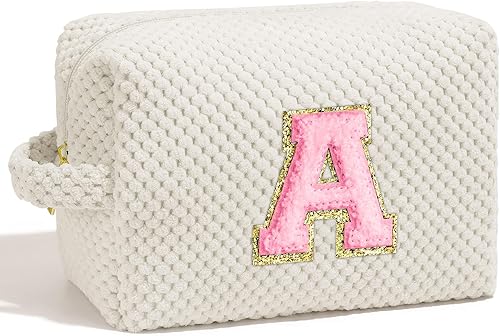 YOOLIFE Bolsa de maquillaje de viaje rosa y blanca con inicial, bolsa de maquillaje, bolsa de cosméticos para adolescentes, niñas, amigas, regalos