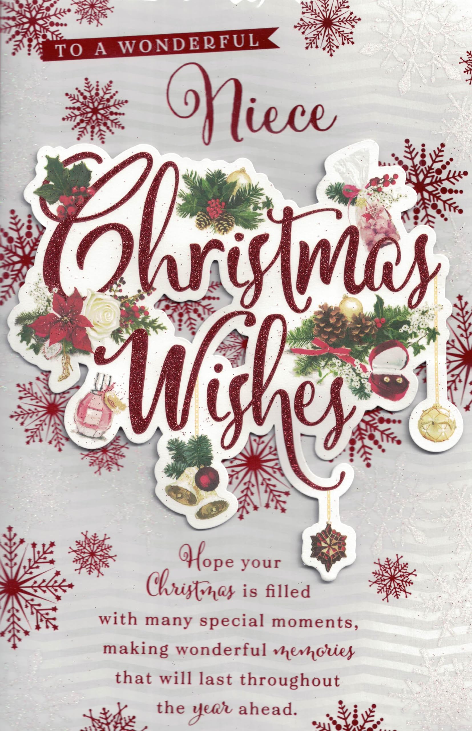 Extra Large Niece Christmas Card, Traditional Xmas Design, 8 Page Insert, 30.5 x 20.3 cm, Red, Green, Gold, 31 cm x 21 cm