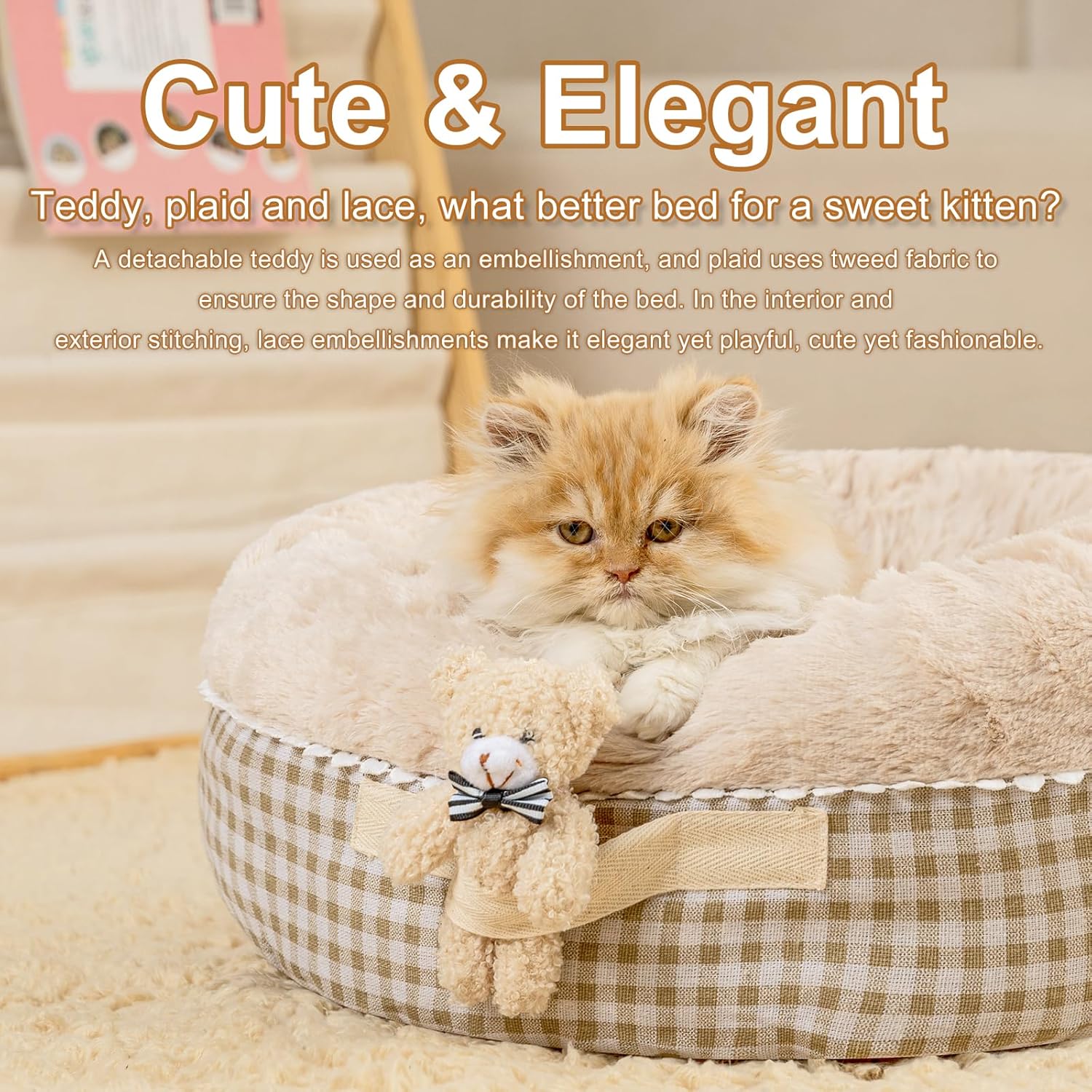 review Jiupety Teddy Donut Bed for Indoor Cats, Washable & Warm Small Dog Bed, Cute Fluffy Round Kitten Bed, Suitable for Cat and Puppy, Anti-Slip Calming Princess Kitty Bed, Camel, 26