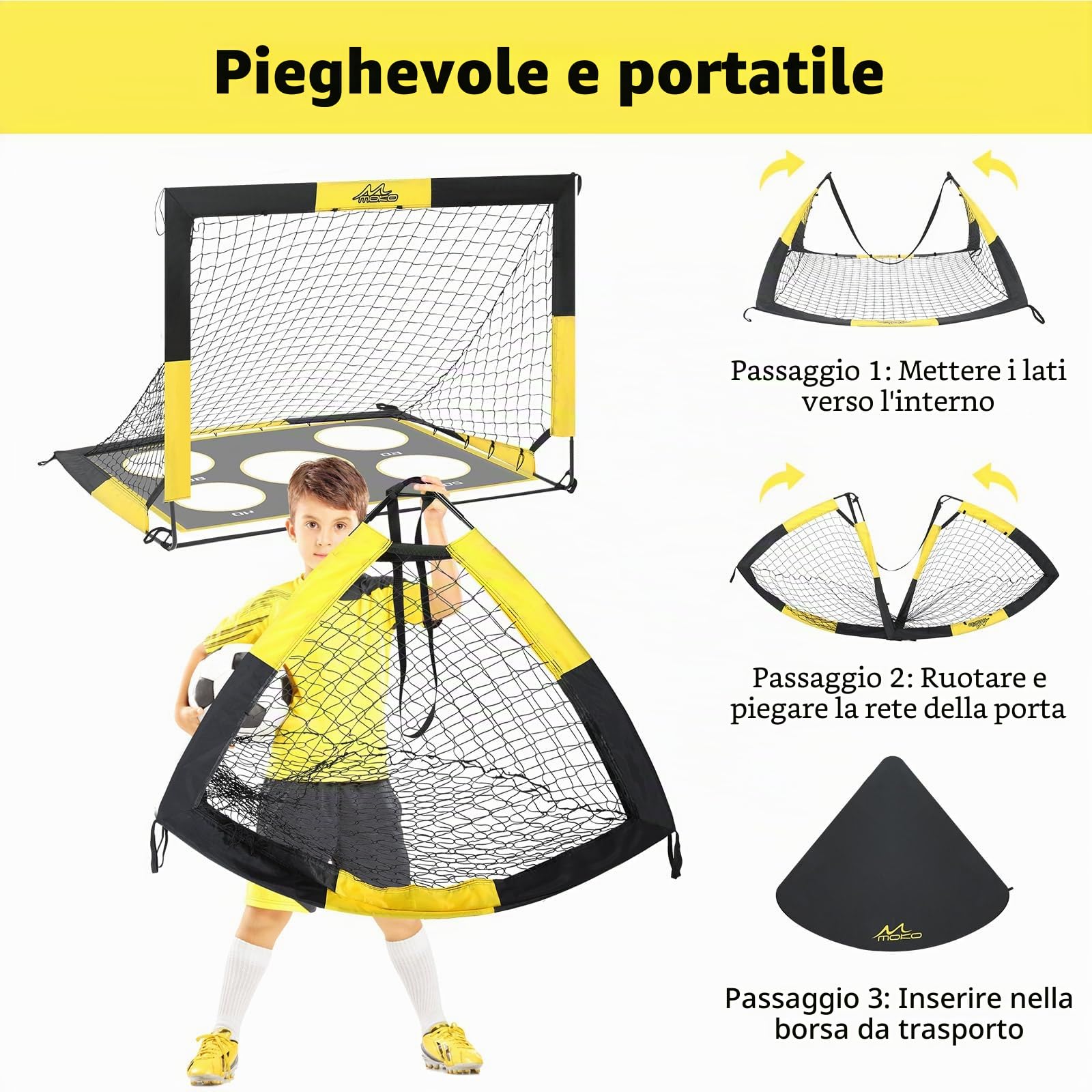 MoKo Porte da calcio per cortile, rete pop-up di grandi dimensioni con pannello bersaglio, attrezzatura portatile per allenamento da calcio per bambini, gioco sportivo all'aperto