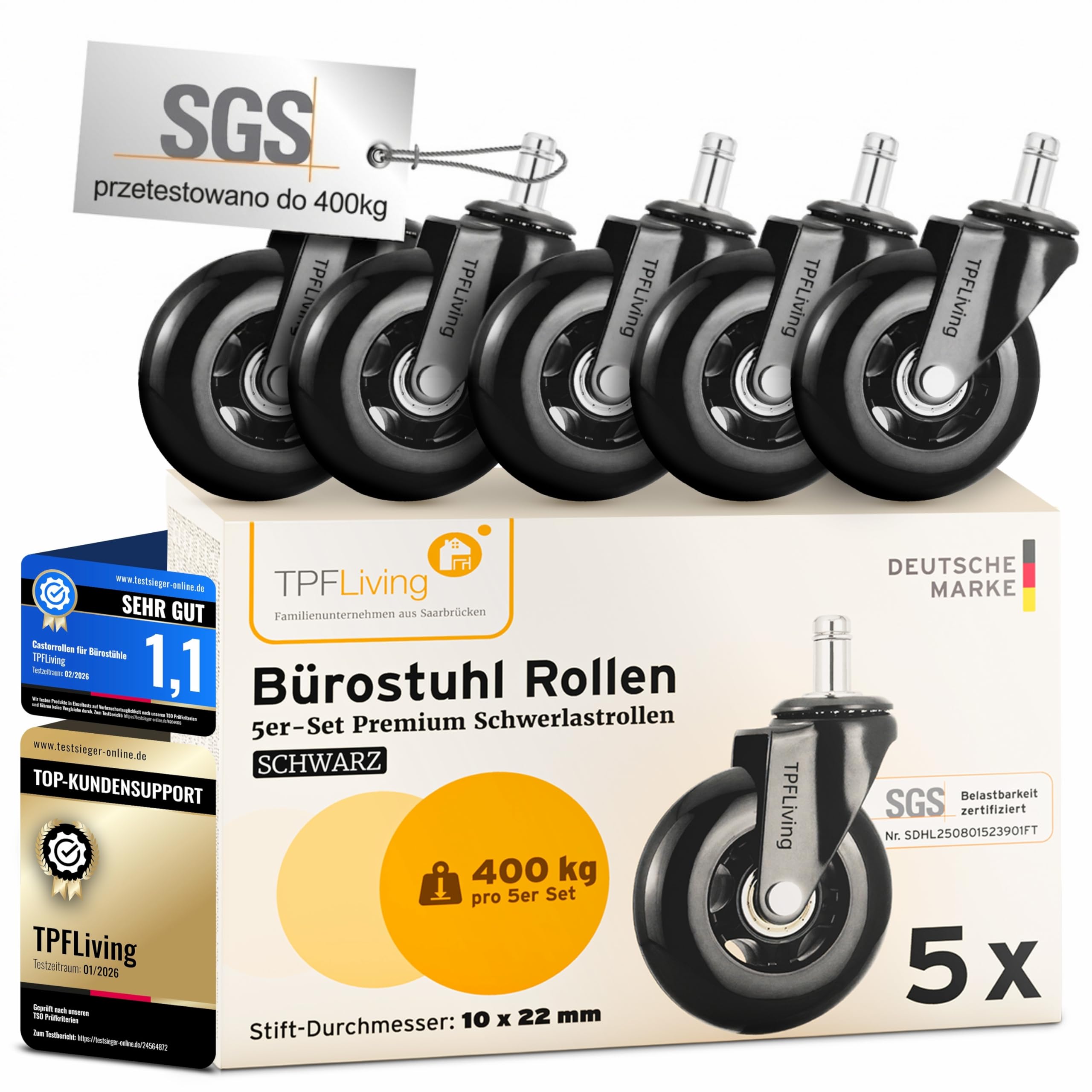 Kółka zamienne do krzesła biurowego, do parkietu, dywanu, twardej podłogi 10x22 mm kompatybilne z IKEA czarne – maks. obciążenie 400 kg – Invictus ProGlide zestaw 5 kółek