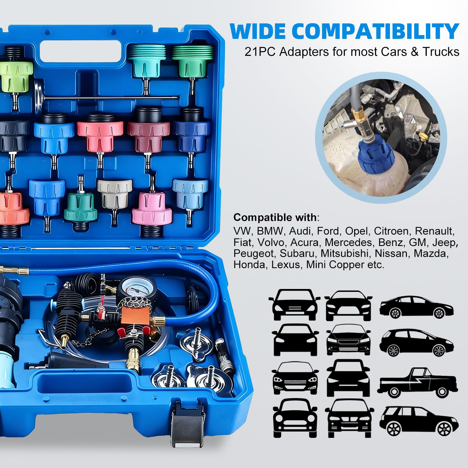 FreeTec 31pzs Probador Presion Radiador, Universal Probador Presion Circuito Refrigeración, Kit Comprobador Fugas Purgador Liquido Refrigerante, Herramientas Radiador Coche con Bomba Adaptador (Azul)