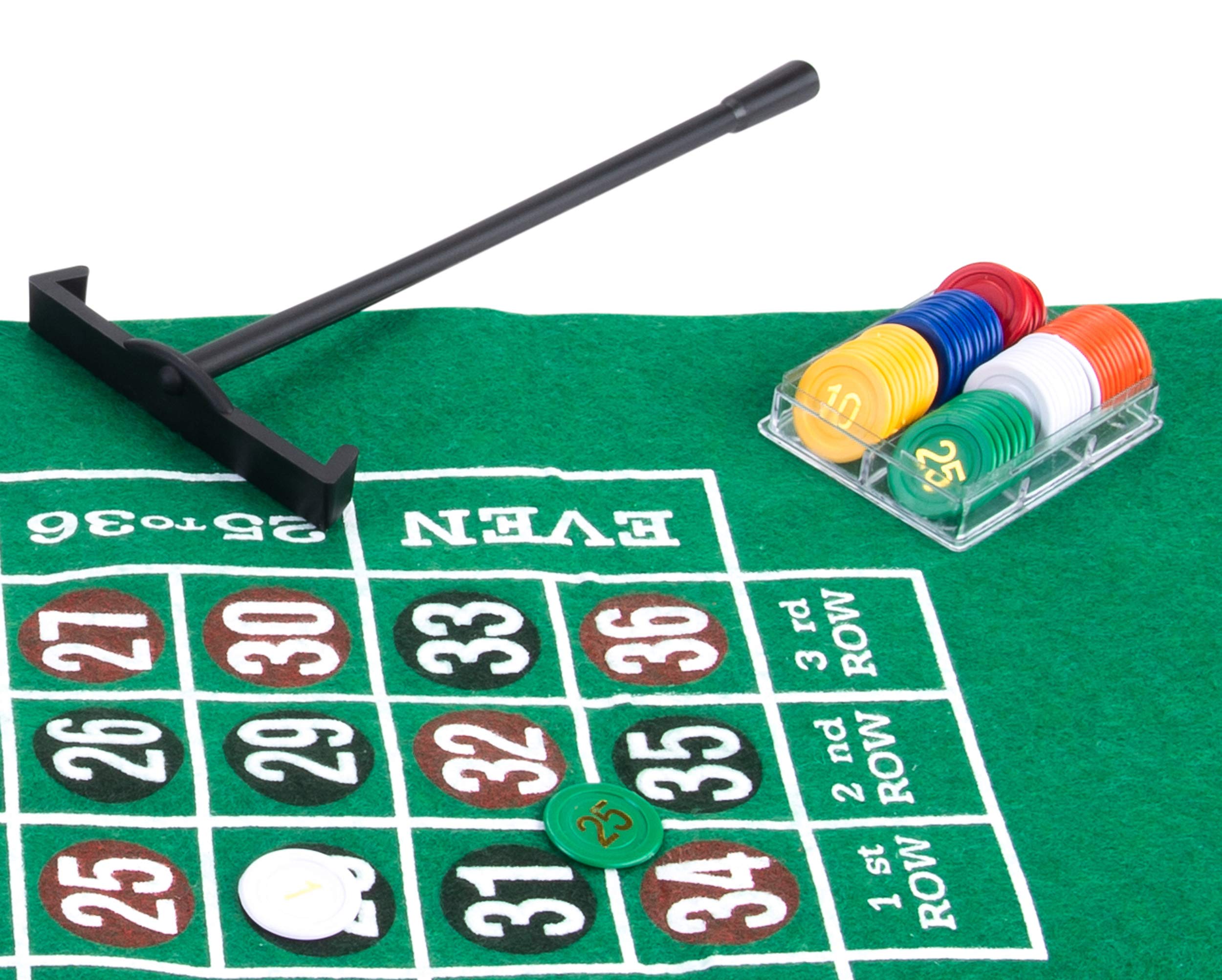Engelhart – 320403 – Zestaw do ruletki amerykańskiej i blackjacka – dwustronna mata – żetony, karty i grabki krupiera – ruletka 30 cm, mata 60 x 45 cm