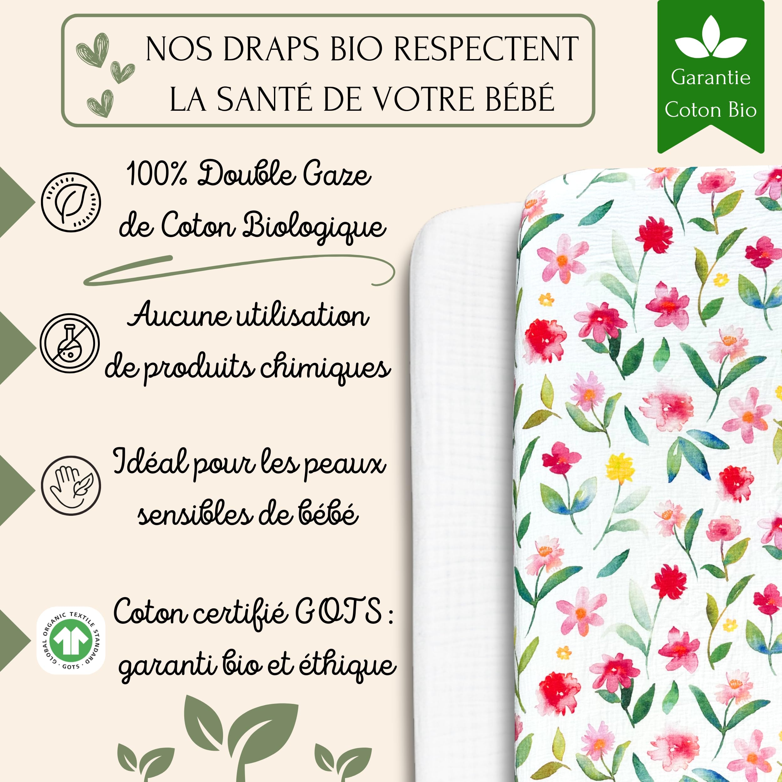 Lot 2 Draps Housse Bébé 60x120 cm – 100% Gaze de Coton Bio GOTS, Idéal Peaux Sensibles, Ultra Doux, Respirant – Lit Parapluie Enfant – Coffret Cadeau Naissance – Fleurs de Printemps, Fille