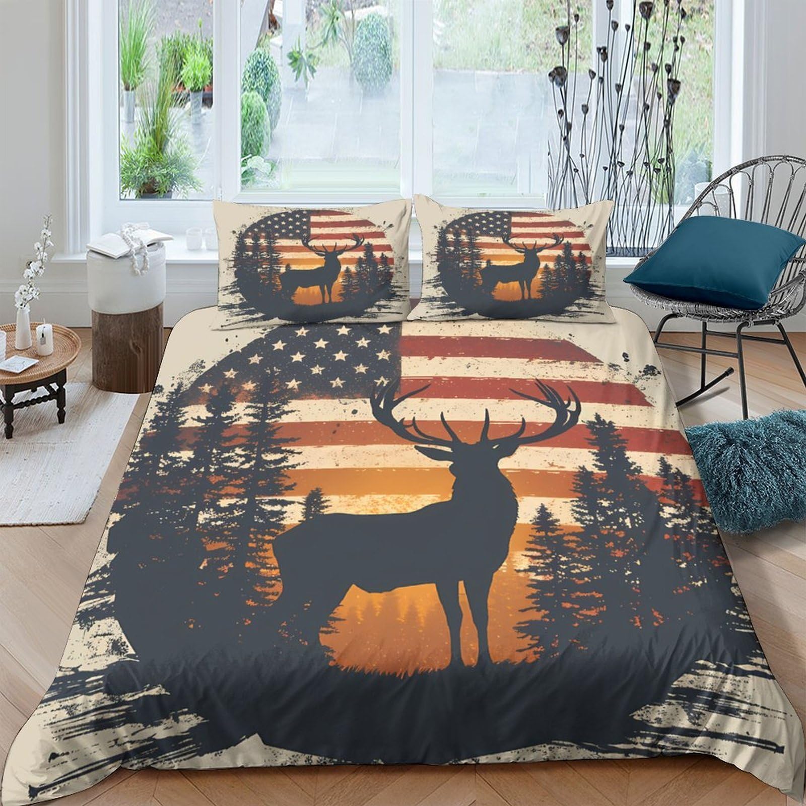 Ctjqhvkz Style-10 3D Printed Deer Forest Fitted Sheet Microfiber Breathable American Flag Mattress Cover Bedroom Decor Easy Care Single（135X200cm）