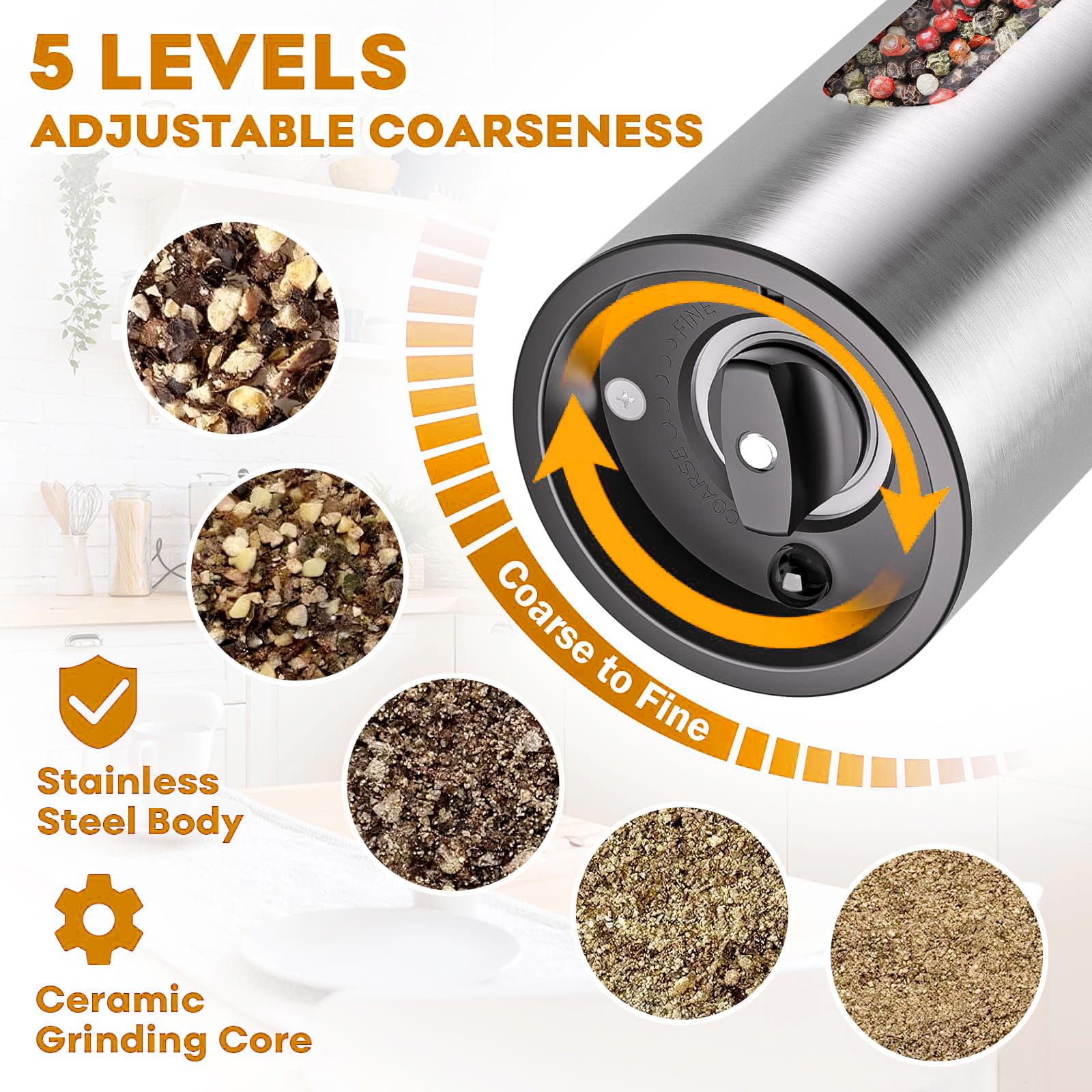 Moulin à Sel et Poivre Electrique, SINZONeu® Set en Acier Inoxydable avec Base de Charge USB-C, 5 Niveaux de Broyage, Capacité XL 110ml, Lumière LED pour Cuisine