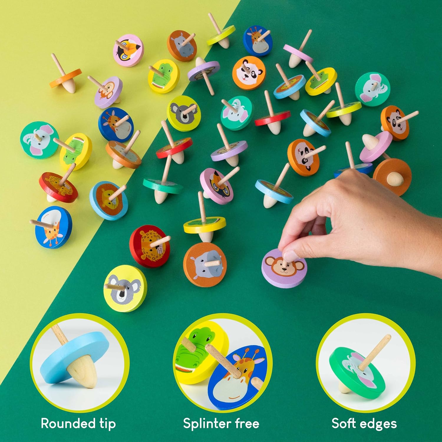 BONNYCO Wood Spinning Top 40 Pack Jungle Kids Party Favors. Spinning Tops Goodie Bags Stuffers for Kids 3-5 4-8, Return Gifts for Birthday Party. Goody Bag Stuffers, Pinata, Classroom Prizes, Rewards