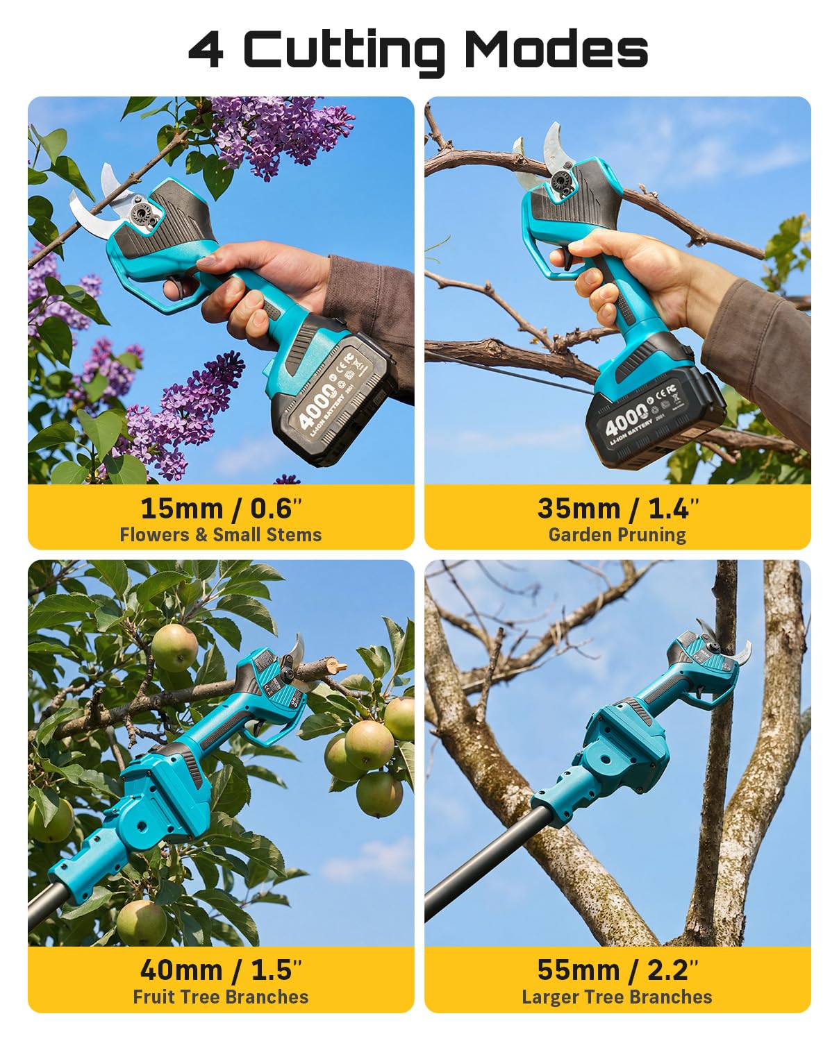 SEESII Forbici Potatura a Batteria 55mm, Asta Telescopica, 2x4.0Ah Batterie | 2 Batterie 4000mAh, Motore Brushless, Lama SK5, Luce LED, Design 2 in 1 per potatura alta e bassa, ideale per alberi e siepi