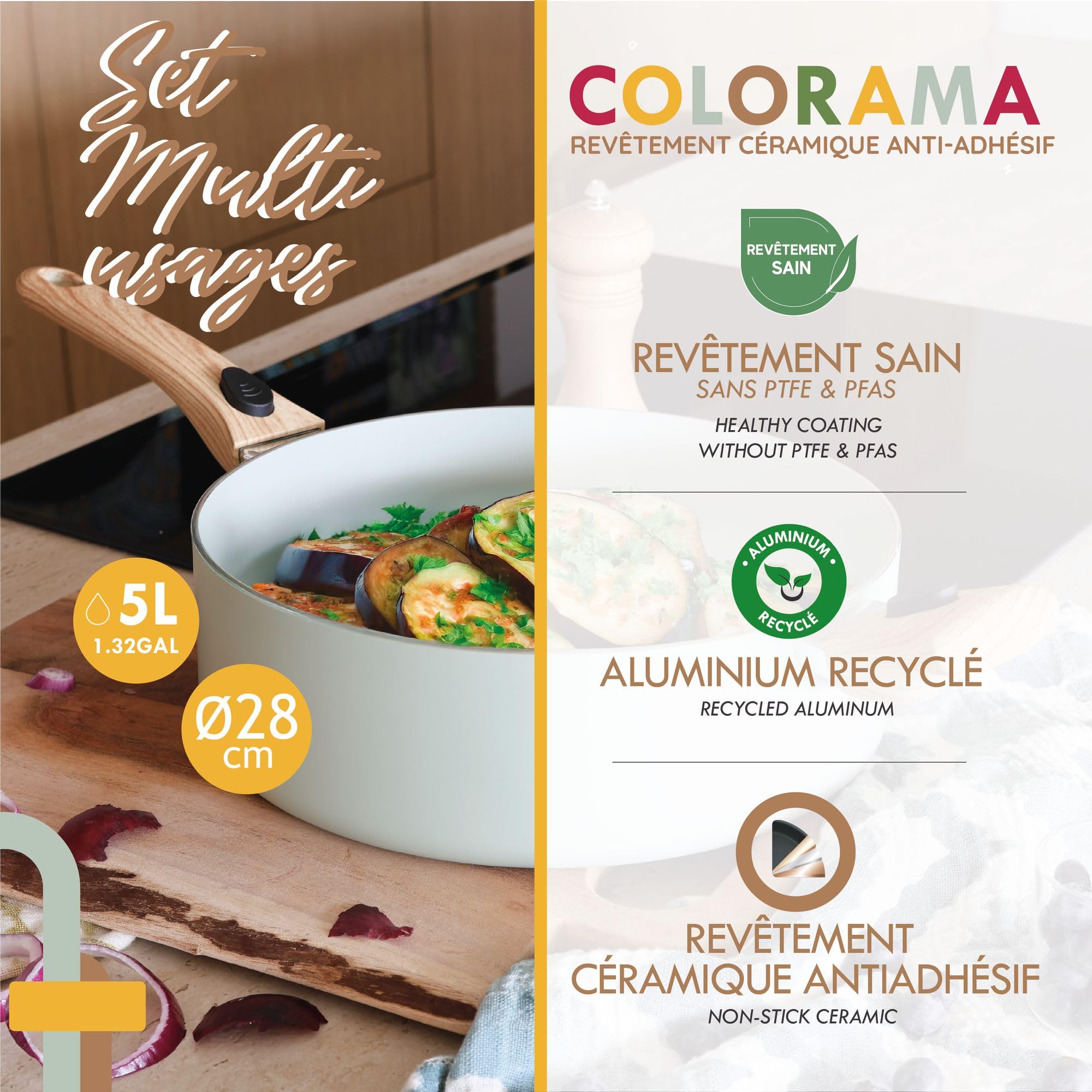 MENASTYL - Set culinaire multi-usages amovible Céladon 28cm en aluminium - Ustensile tout-en-un compatible tous feux et lave-vaisselle - Revêtement en céramique - 6020894
