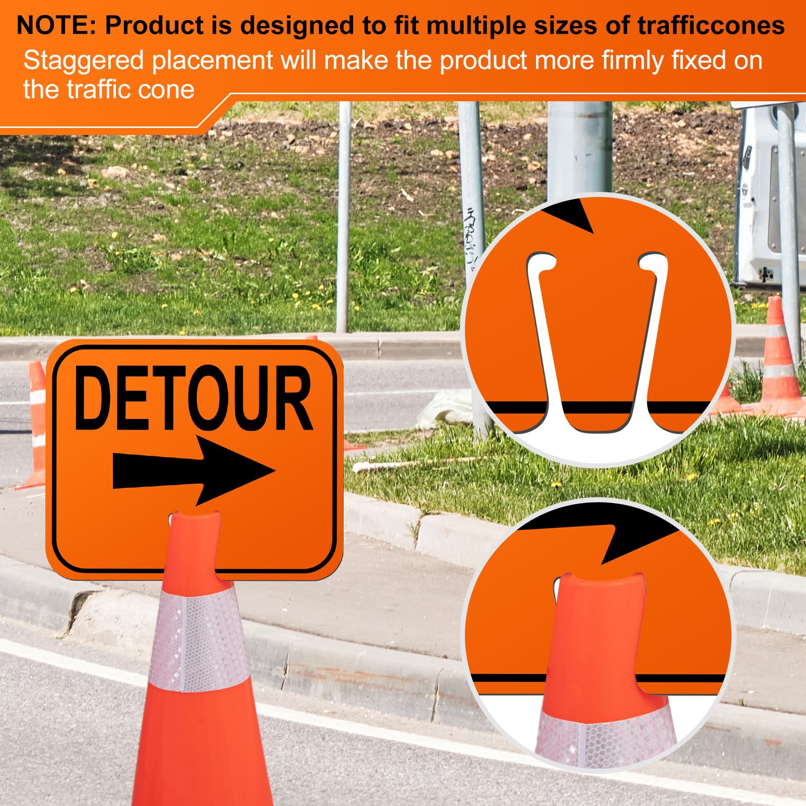 Geetery 6 Pcs Traffic Cone Arrow Signs 10.4"x 12.6" Reversible Orange Road Signs Bulk Road Closed Cone Top Traffic Warning Directional Left Right Arrows Sign for Outdoor Construction (Detour) — Amazon image 5