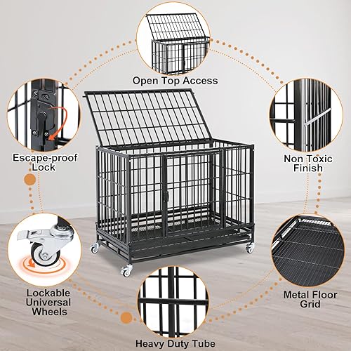 Miniatura 5 de Homey Pet Jaula para Perros de Servicio Pesado de 37 Pulgadas Indestructible, Jaula para Perros Plegable con Ruedas Bloqueables, Bandeja Extraíble,
