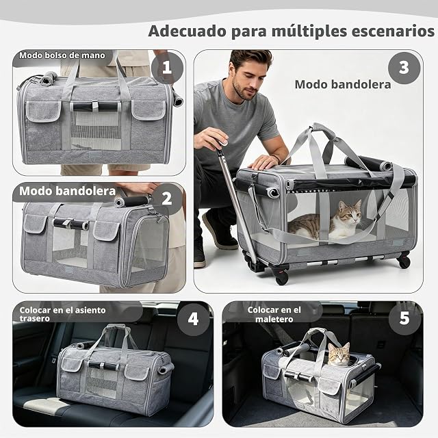 Foto 6 de 7 de PETCUTE Transportín para Mascotas con Ruedas Carga de 17.5kg,Transpirable Transportador para Mascotas con Asa…
