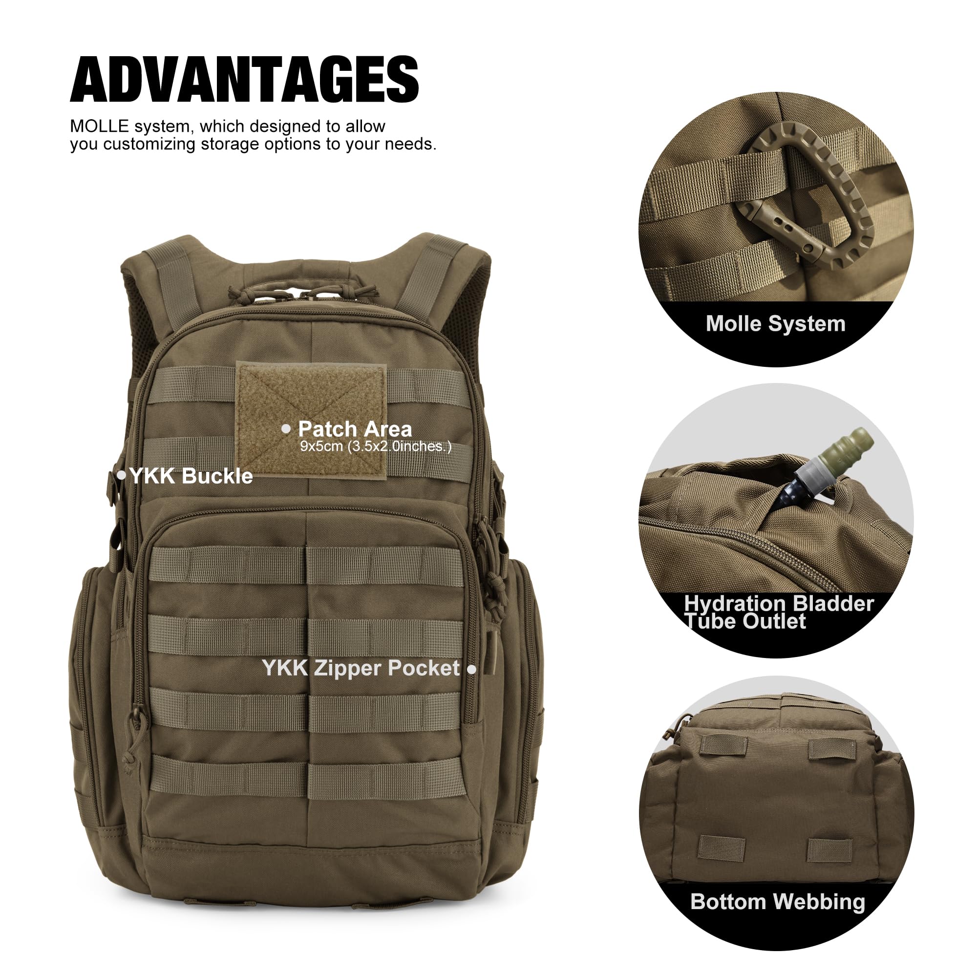 Mardingtop plecak taktyczny z systemem Molle, 25 l / 40 l, plecak wojskowy dla dorosłych, szturmowy plecak trekkingowy, na zewnątrz, na wędrówki, kemping, polowanie, podróż New Khaki-25l 25L