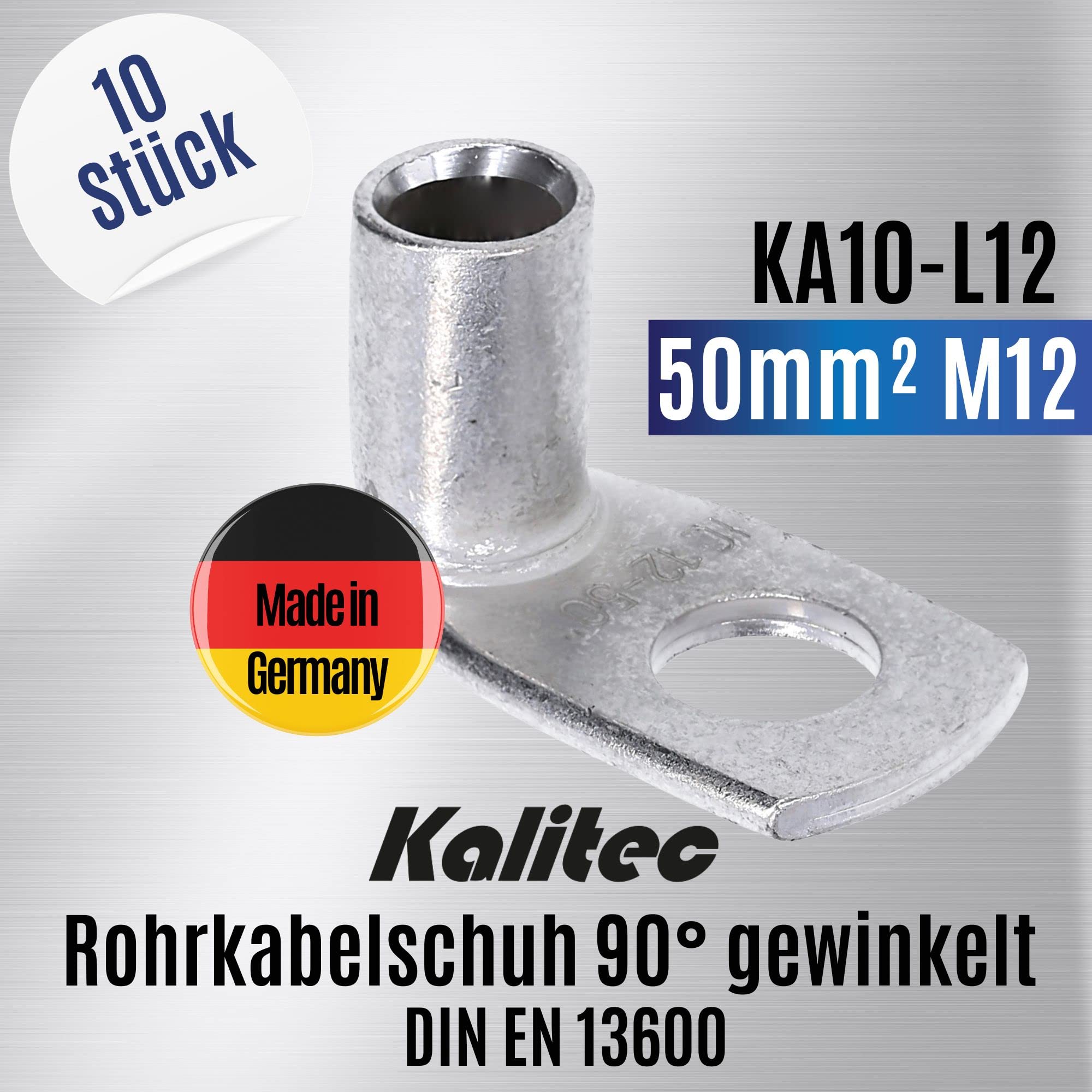 Kalitec 10x Rohrkabelschuhe 50mm² M12-90 Grad Gewinkelt - Kupfer