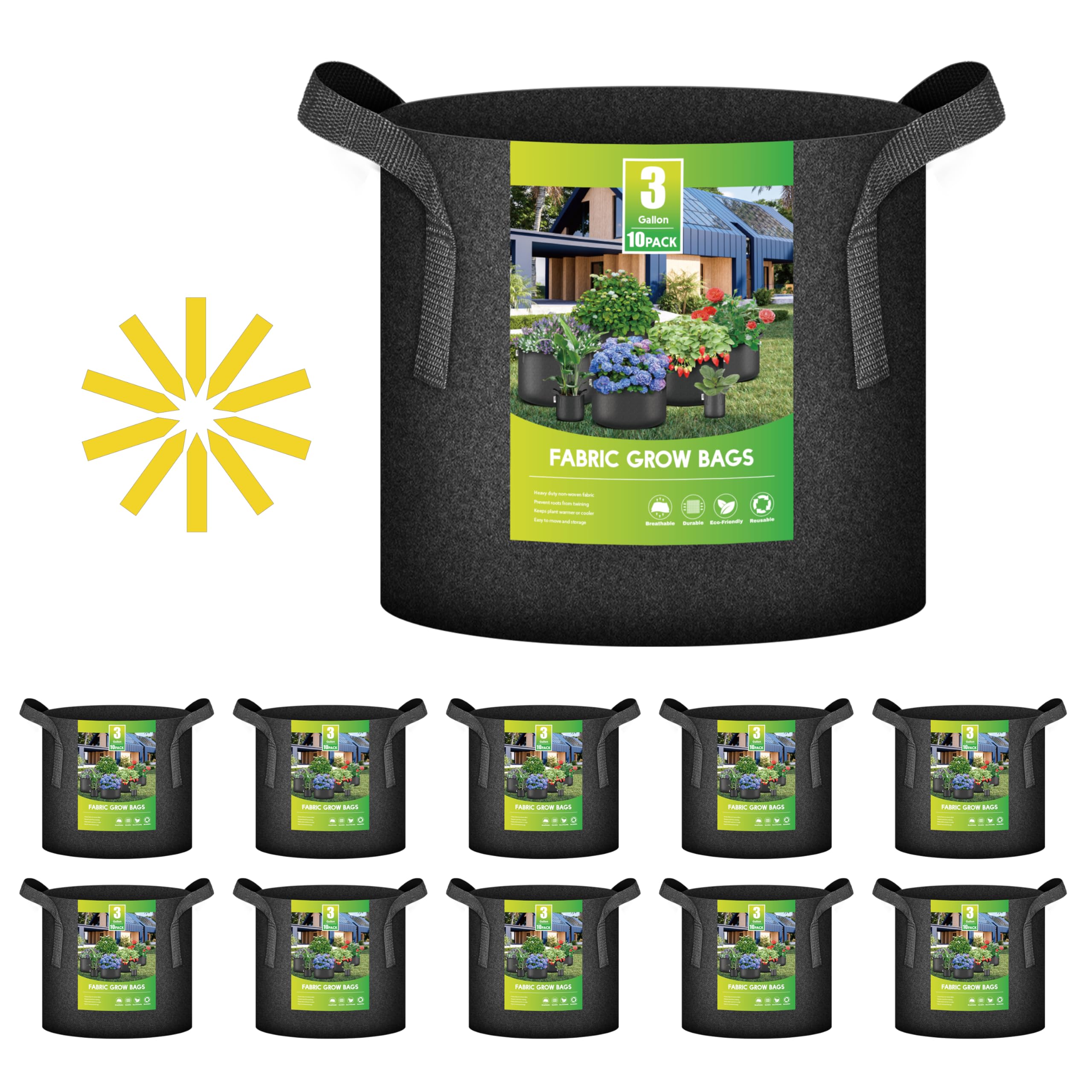 iPower 10-Pack 3 Gallon Plant Bags Heavy Duty Thickened Nonwoven Fabric Potato Growing Pot, Aeration Durable Container with Reinforced Strap Handles, Black
