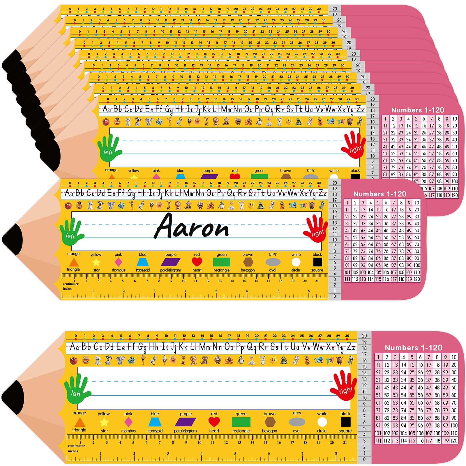 36 pcs Pencil Desk Name Tags Plates for Classroom Self Adhesive for Student Desks with Alphabet Numbers Colors Shapes Left Right Ruler Kindergarten Preschool First Grade 1st 2nd 3rd Grade