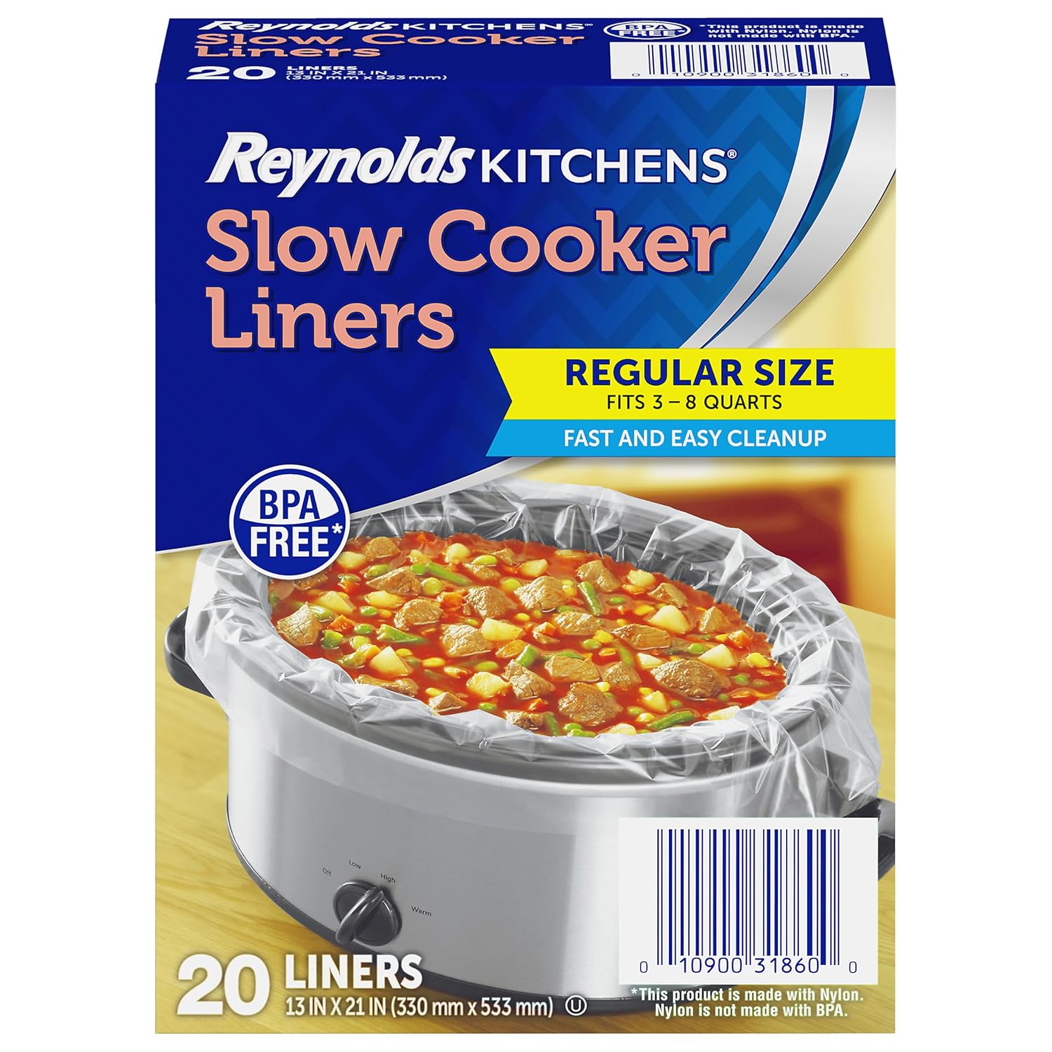 Reynolds Kitchens Slow Cooker Liners, Regular (Fits 3-8 Quarts), 20 Count 8 Quarts Regular - 20 Count