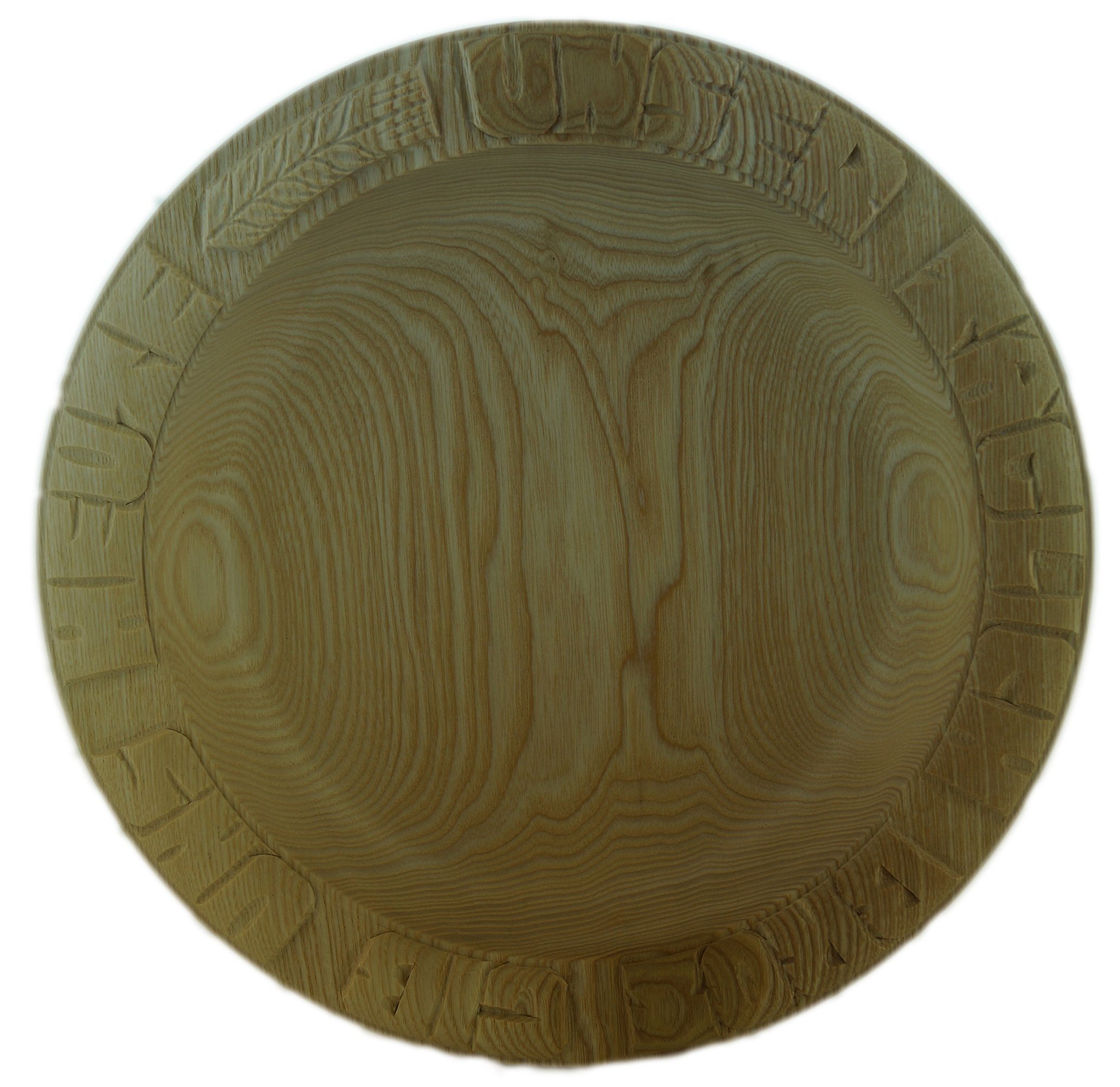 Brotteller: Brotteller aus Eschenholz 28-30 cm, Holzteller mit geschnitzter Schrift „ UNSER TÄGLICH Brot GIB Uns Heute“, Höhe des Tellers ca. 4-4,5 cm