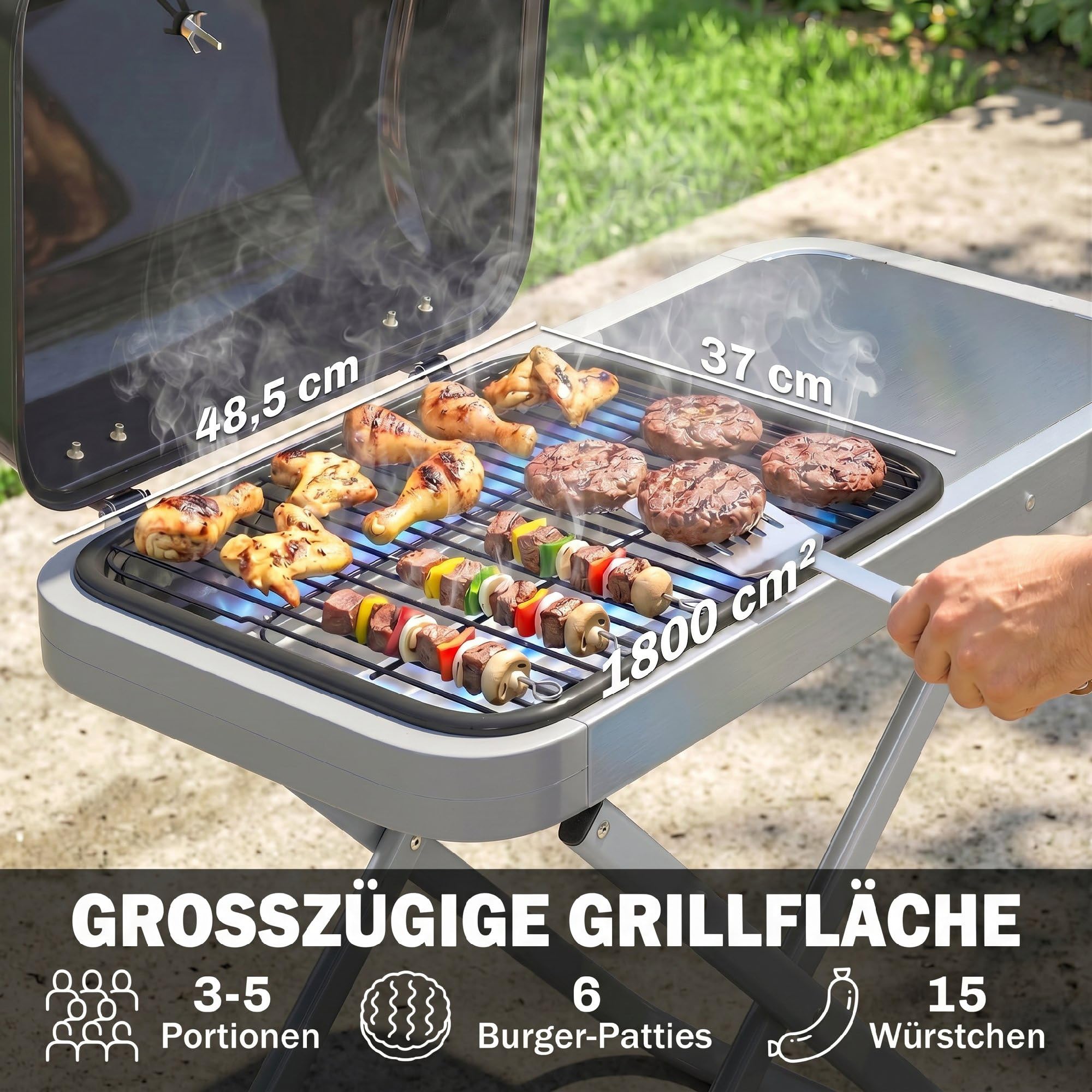 Outsunny Tragbarer Gasgrill 1 Brenner 2,5kW Grillwagen mit Faltbarem Rollwagen Grillrost Seitentisch Deckel Thermometer Fettauffangschale Tischgrill Outdoor Tischgasgrill für BBQ Camping Garten