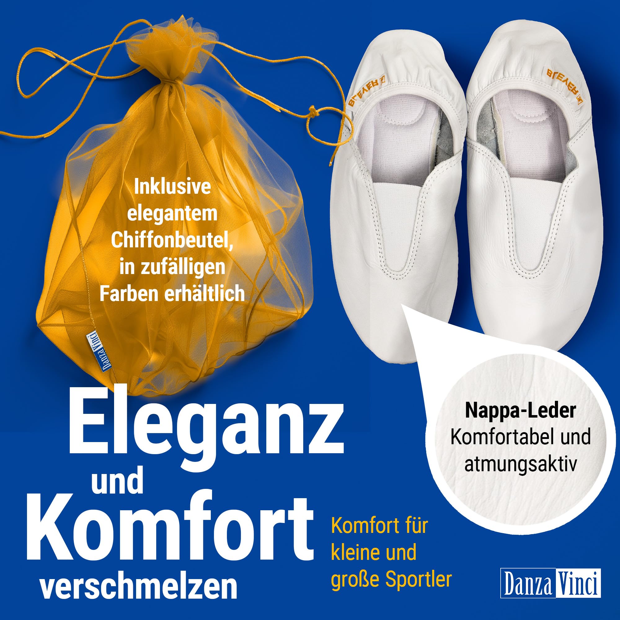 Bundle Bleyer Gymnastikschuhe 1645 Toronto mit Chiffonbeutel, Schläppchen aus Leder für Kinder und Erwachsene, Turnschläppchen