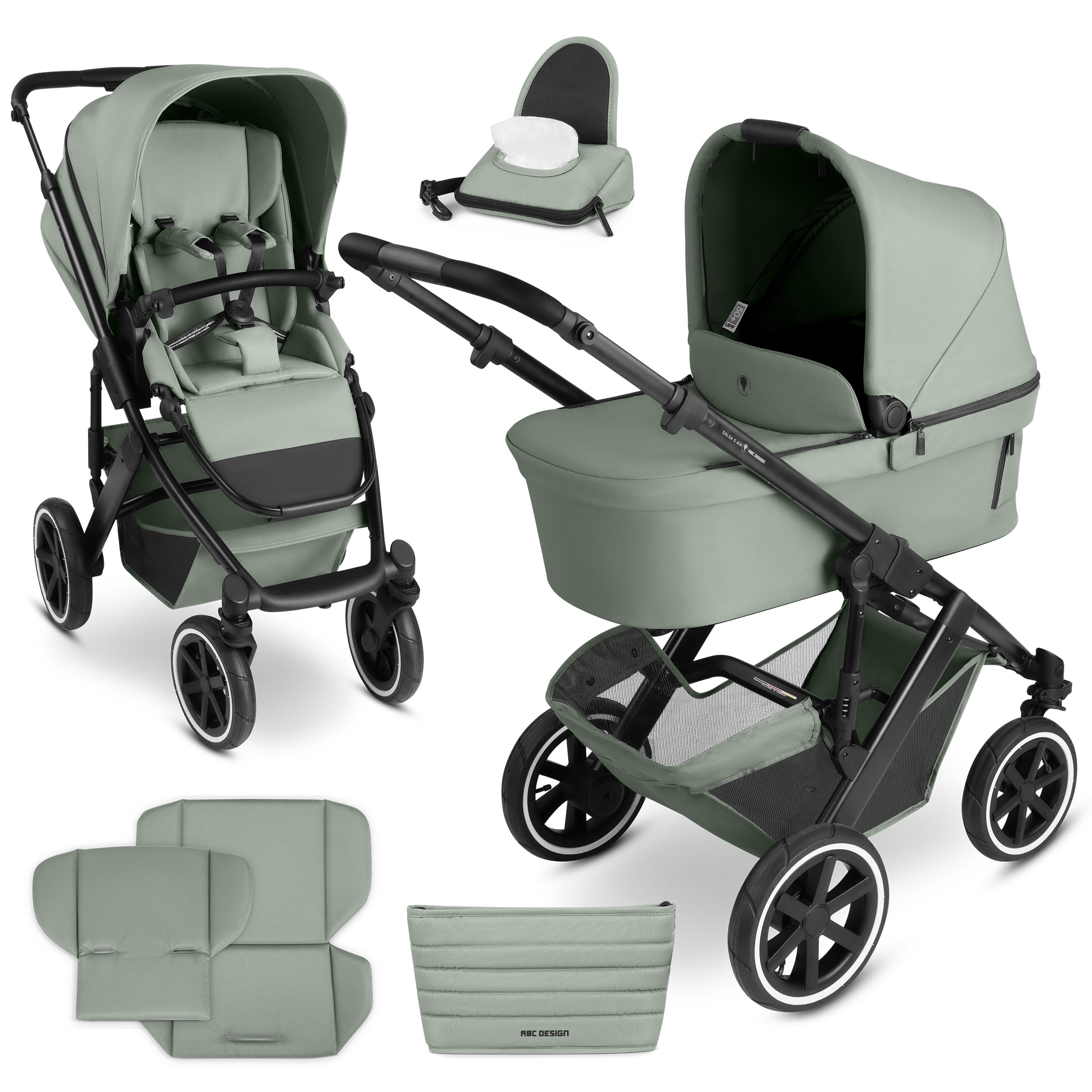 ABC Design Kinderwagen Salsa 5 Air Pine - 2in1 Kombi-Kinderwagen ab Geburt mit Luftreifen, Federung & großer Babywanne