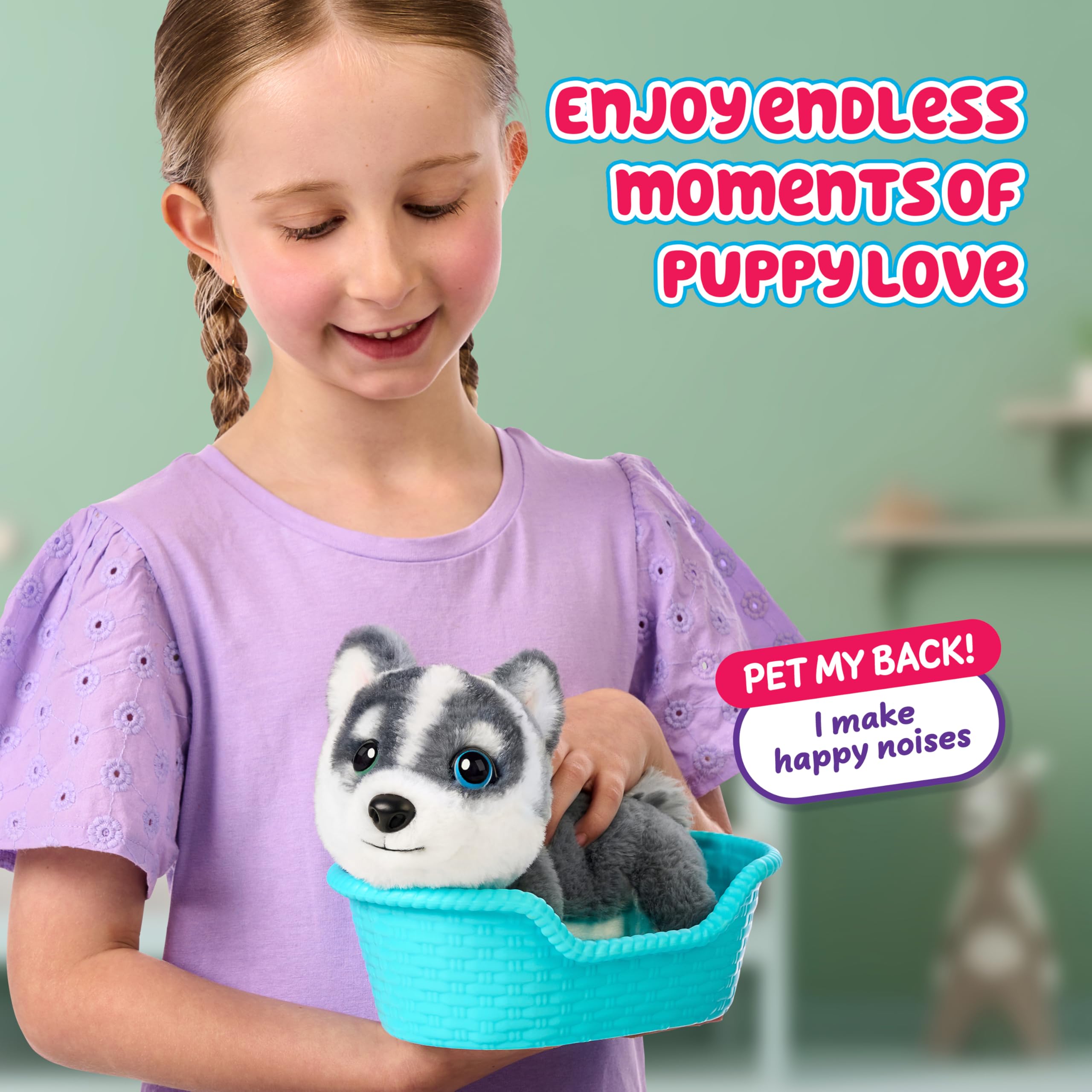 Little Live Pets My Really Real Puppy Mini Aurora The Husky, Interactive Plush Toy with Display Basket, 20+ Sounds and Reactions, Puppy Toys for Kids