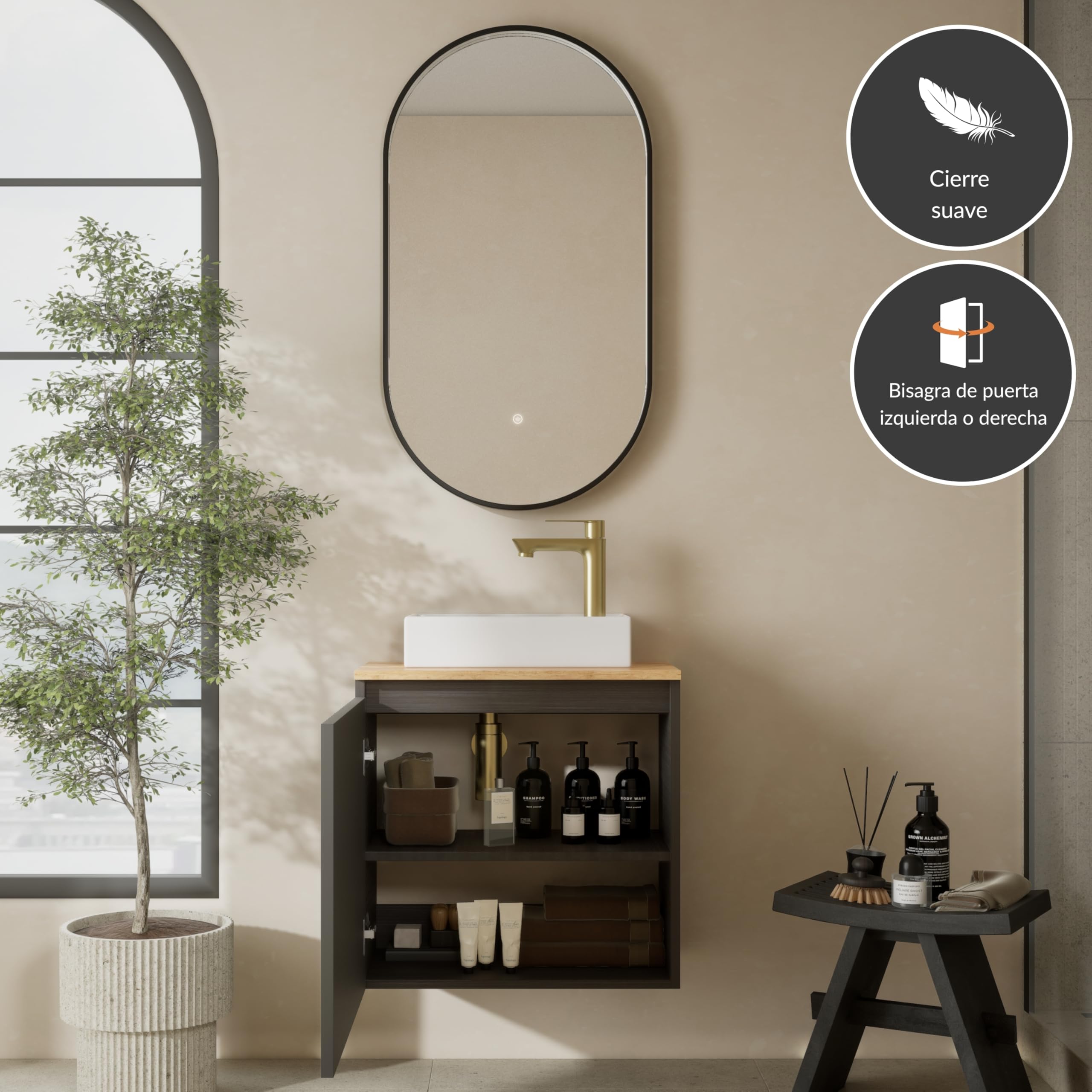 Planetmöbel Conjunto de muebles de baño Lavabo con mueble bajo 56 x 55 x 30 cm Antracita y roble dorado, espejo de baño con iluminación, 50 x 90 cm, espejo con marco, ovalado, 3 niveles de iluminación