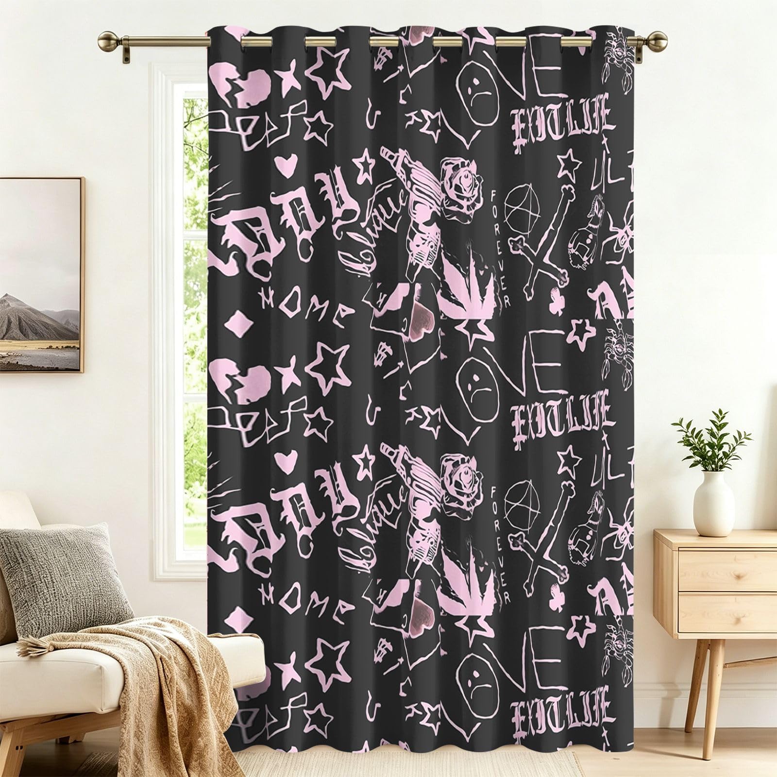 Fadaing Scribble Letter Curtains with Eyelets, 1 Piece, Room Divider Curtains, Blackout 242 x 132 cm, Darkening Thermal Curtains, Heat Insulating, Winter, Summer, Thermal Protection, Indoor Sun