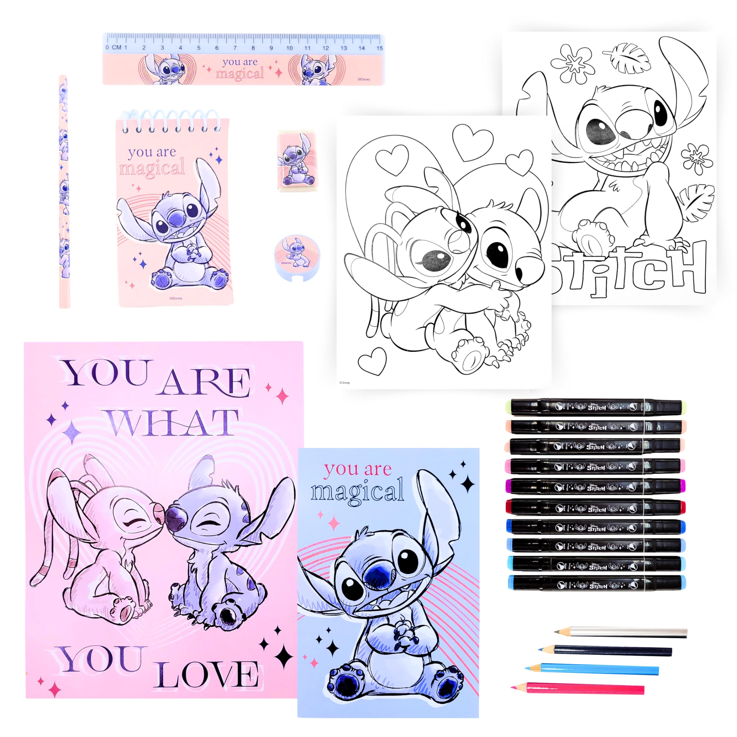 Disney Stitch Juego de Papelería, Incluye Libretas Paginas de Colorear Goma de Borrar Sacapuntas Lapiz Regla y Lapices de Colorear, Regalo Set de Papeleria para Niñas