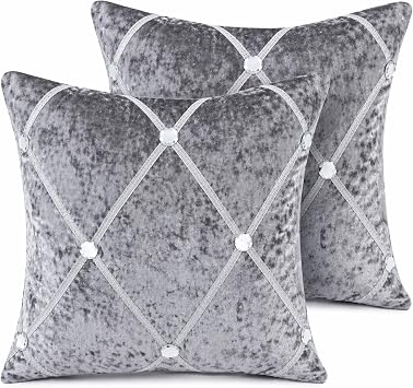 Velvet Silver Grey Cushion Covers 45x45 cm Set of 2   Diamante Throw Pillow Covers, Luxury Decorative Sofa Cushion Covers with Rhinestones for Living Room,Bedroom