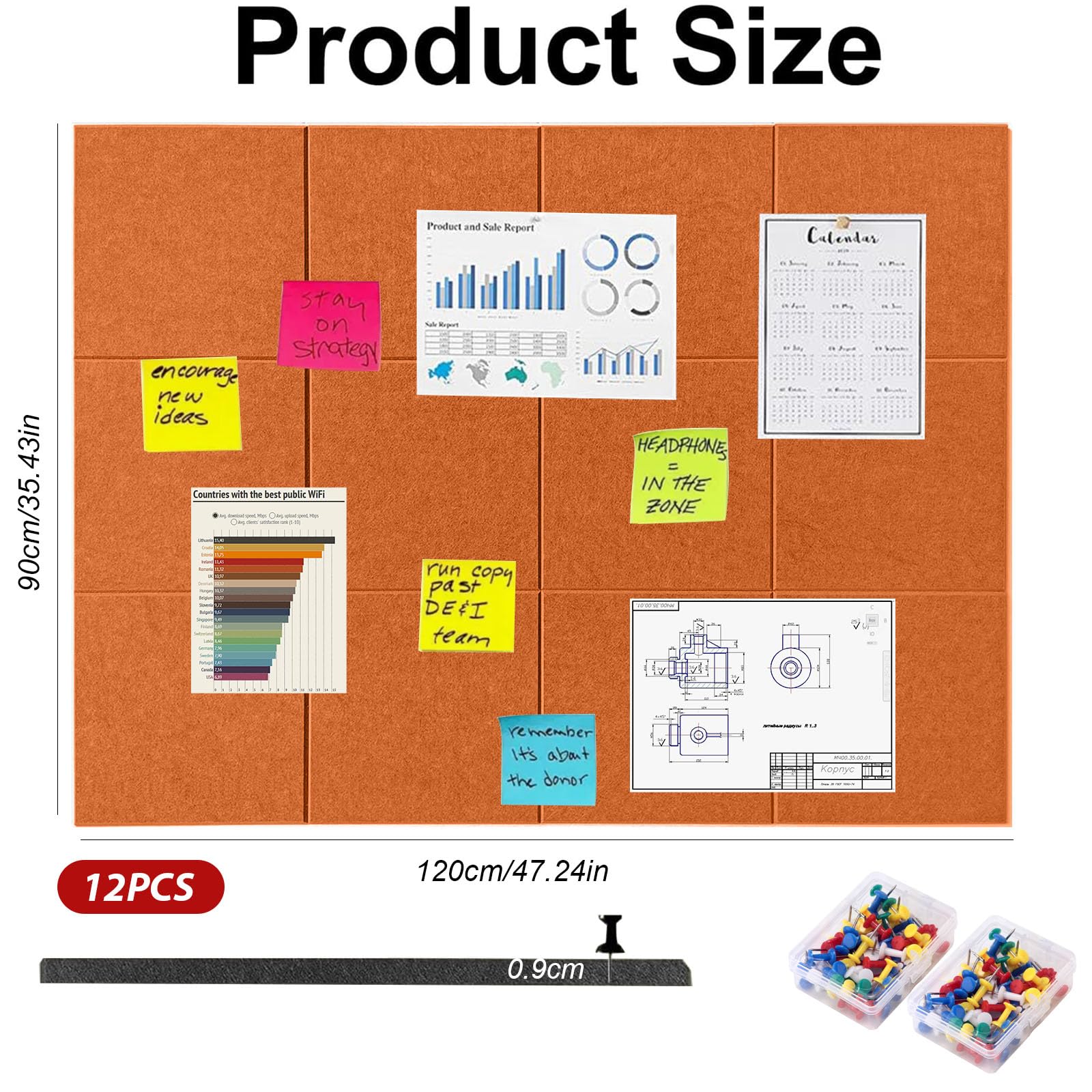Pinnwand Groß 120x90cm Pinnwand Filz Selbstklebend mit 90 Reißzwecken, 12 Stück 9mm Dick Pinwand,Vision Board für Fotos, Notiz Memoboard für Zuhause Küche Büro Schule，Honigorange