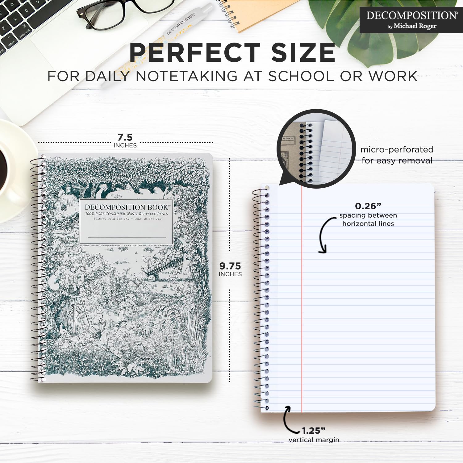 Decomposition Whimsical Garden Pack de 3 cuadernos de espiral con rayas universitarias – Diario de 24,8 x 19,1 cm, 160 páginas rayadas – Papel 100% reciclado – Cuadernos para material escolar, hogar y