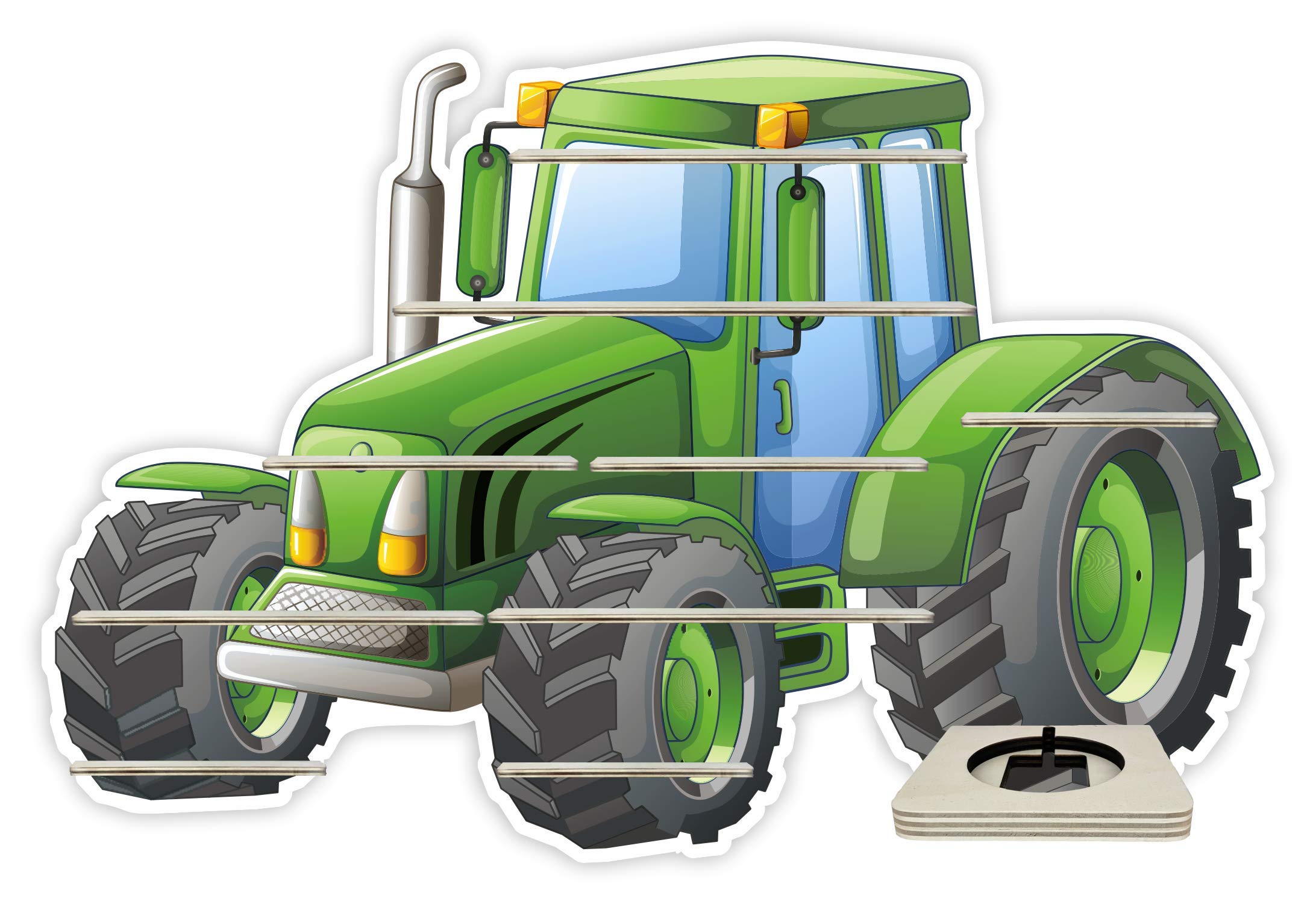 Farbklecks-Collection Tonie Regal Traktor, Wandregal für bis zu 45 Hörfiguren, Maße 48 x 72 x 6 cm, mit speziellem Ablagefach kompatibel mit Toniebox, handgefertigt in Deutschland