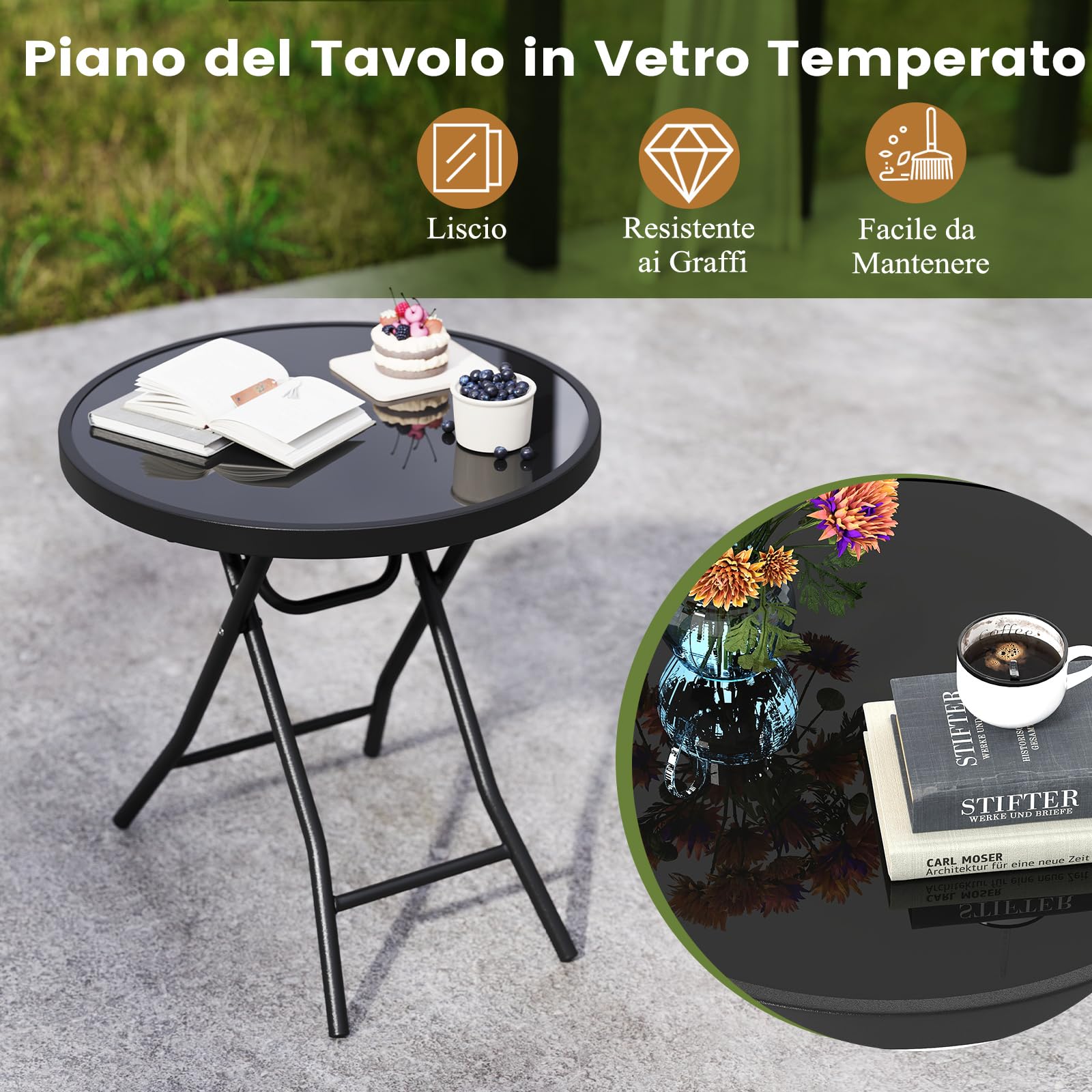 RELAX4LIFE Tavolo da Giardino, Tavolino da Balcone Rotondo Pieghevole con Piano in Vetro Temperato, Struttura Metallica, Piedini Antiscivolo, Portata 50 kg per Interni ed Esterni, Φ46x48cm (Nero)