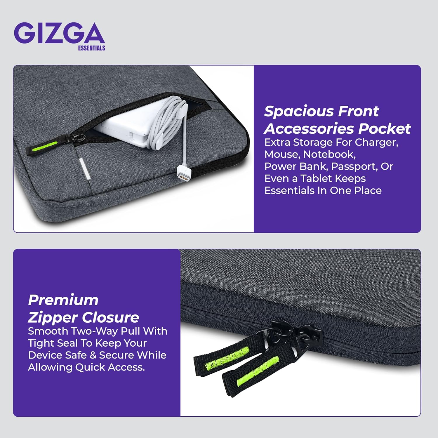 Gizga Essentials 13.3 Inch Laptop Sleeve Case Cover Pouch Bag with Handle & Front Pocket| Slim & Water-Resistant Nylon Fabric with Shockproof Foam Padding, Soft Lining & Premium Zipper Closure (Grey) 40 81kCaMGgc1L. SL1500