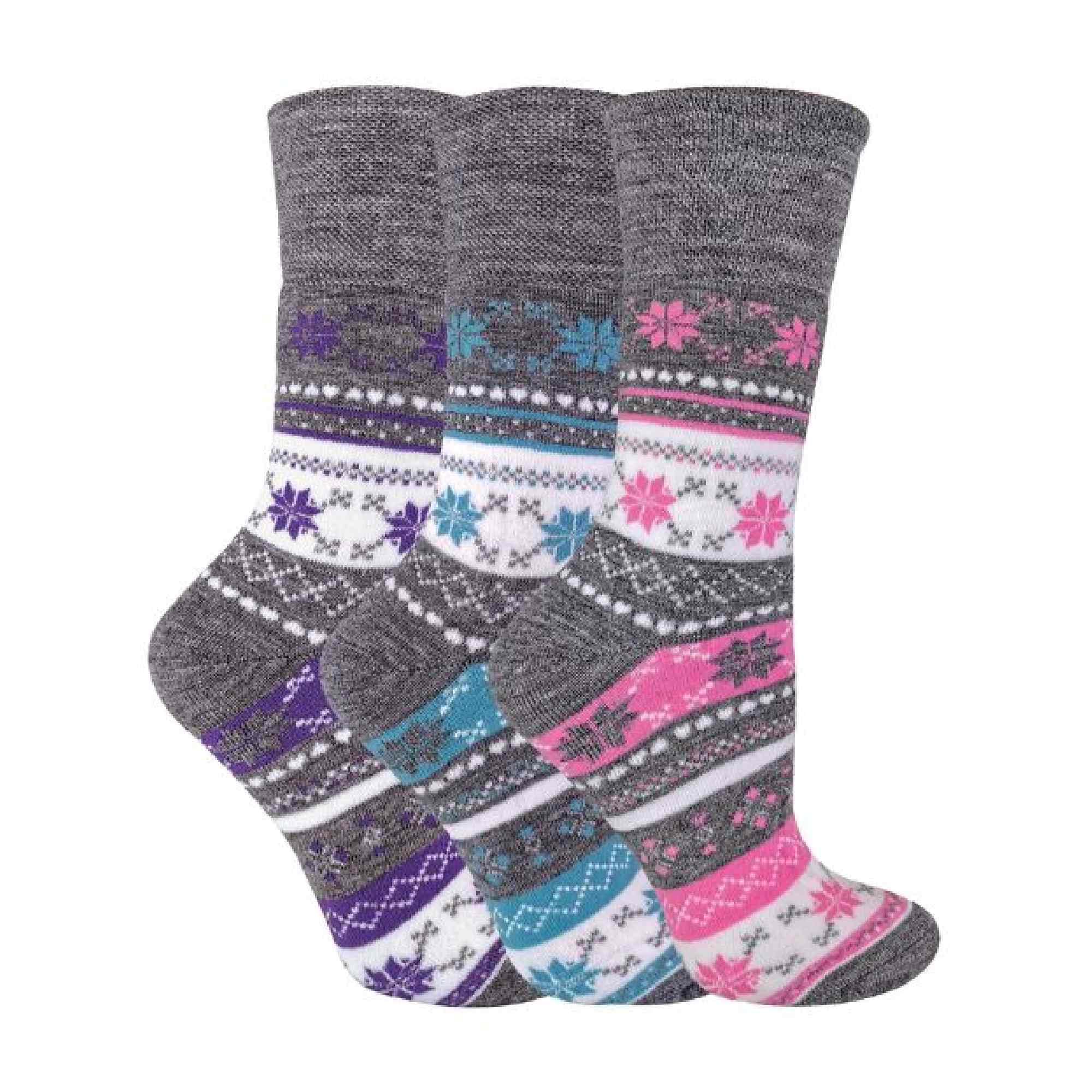Sock Snob - 3 Pack Ladies Warm Fairisle Thermal Diabetic Socks Women 4-7 UK