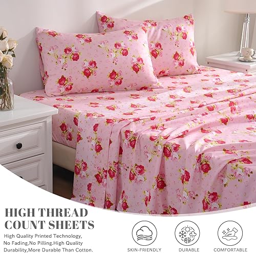 Miniatura 3 de Bedlifes - Juego de sábanas para cama de tamaño queen, diseño ultra suave con bolsillo profundo, 100% microfibra, estampado floral de rosas rojas (4