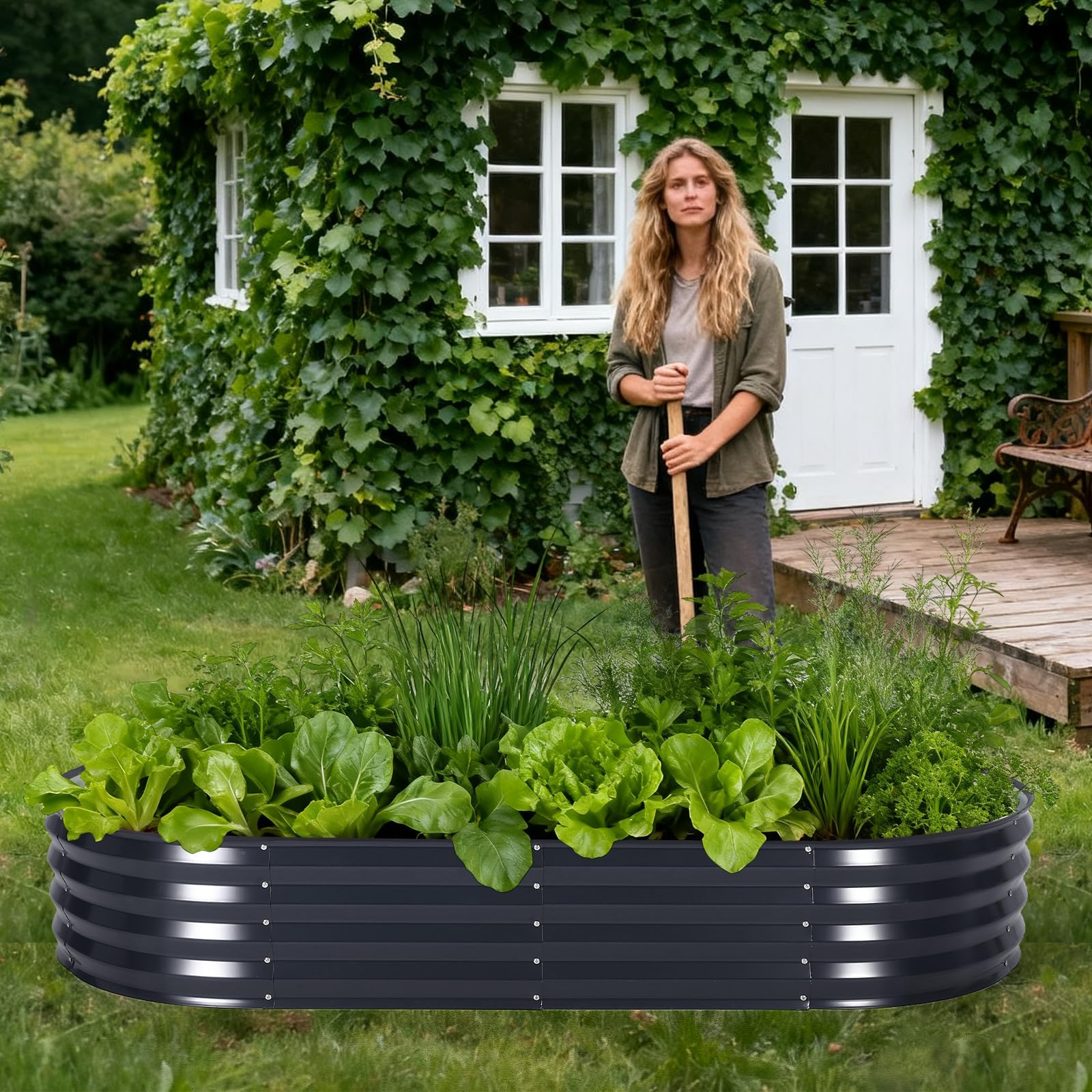 Grand Carré potager en Acier galvanisé, Bac surélevé en Fond Ouvert, Jardinière surélevée avec housse PVC amovible – Résistant intempéries,Bac à Plantes Pour légumes,herbes,fleurs(180X90X30cm,Gris)