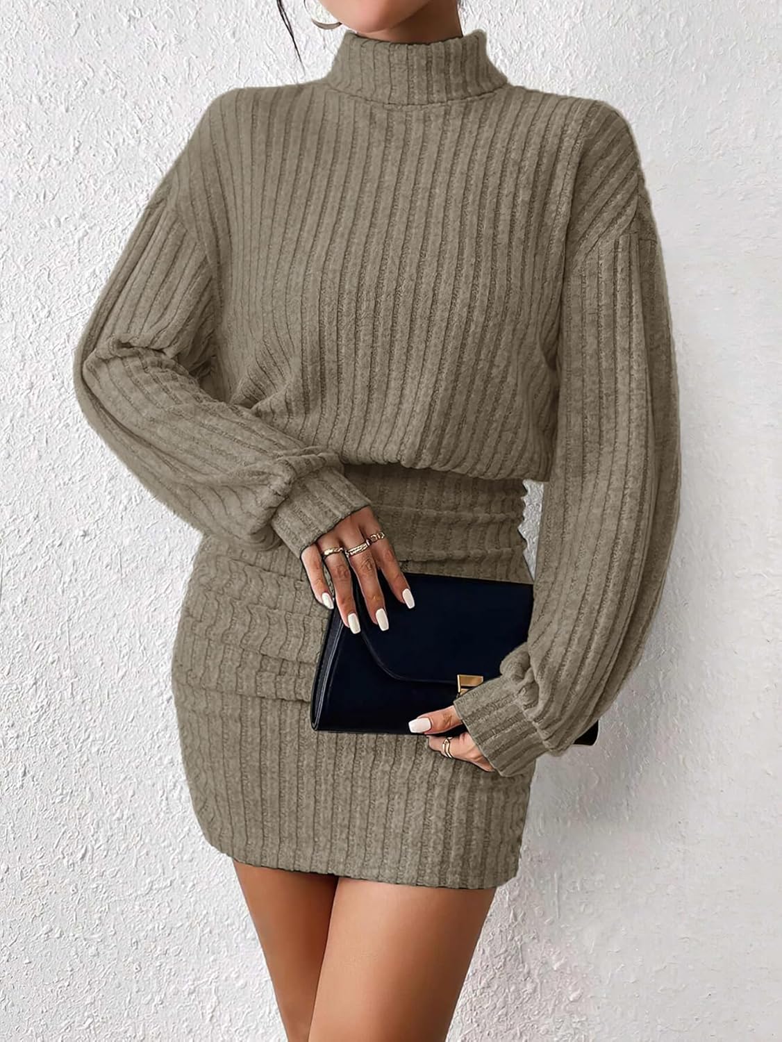 AUXDIO Women's Mock Neck Sweater Dress Fall Long Lantern Sleeve Bodycon 2026 Pullover Mini Short Dresses - Image 4