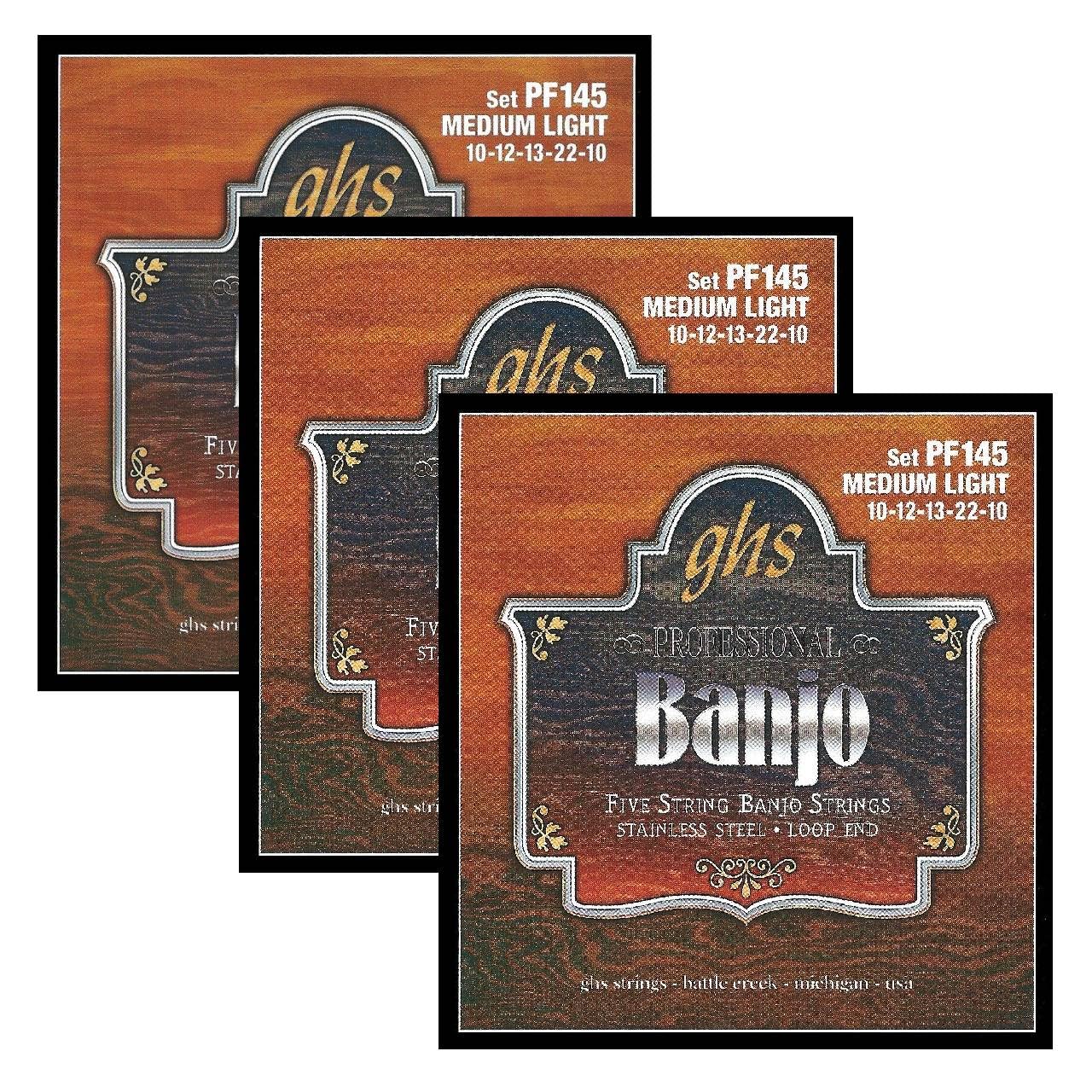 GHS Strings PF145 5-String Banjo Strings, Stainless Steel, Medium Light (10-22), Pack of 3