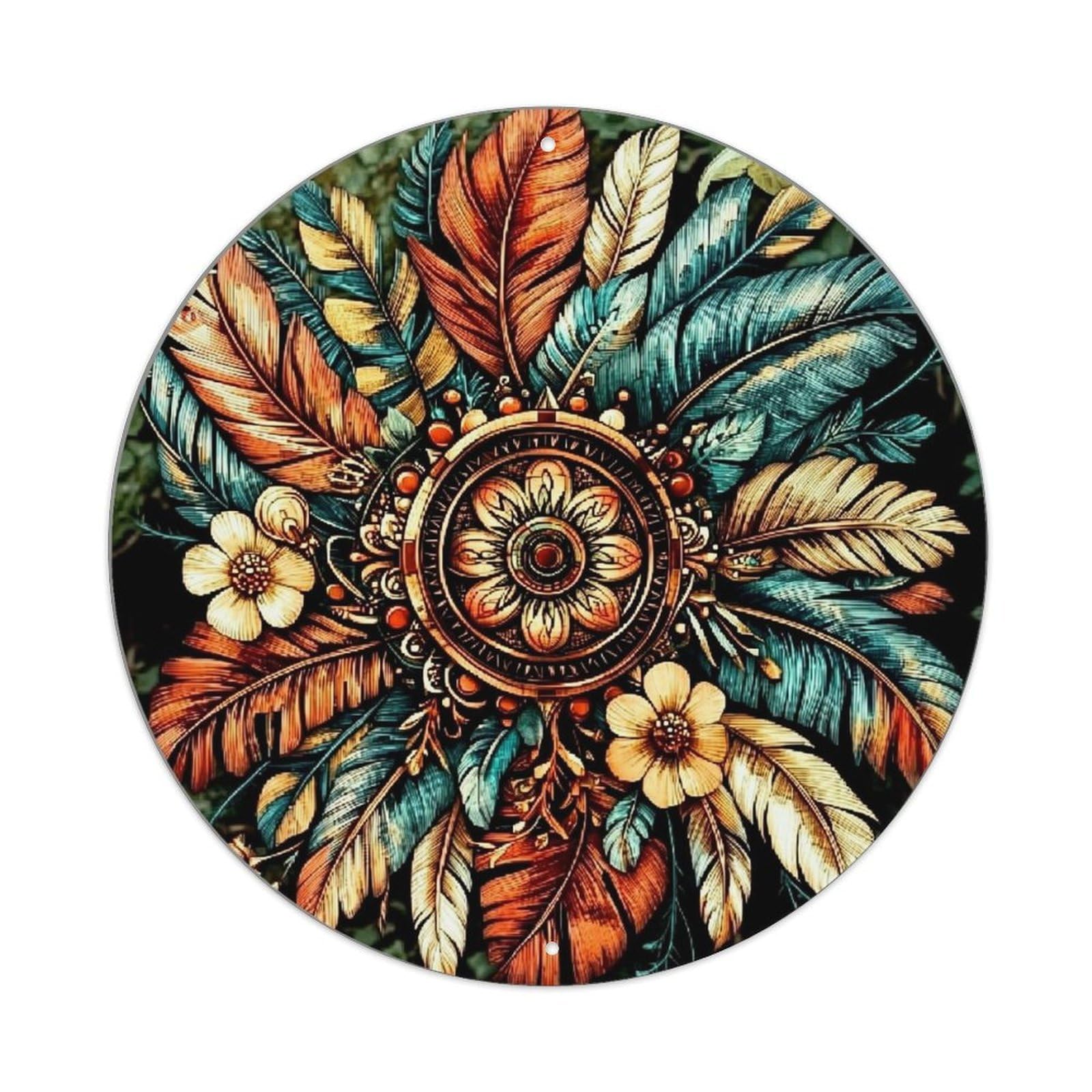 Feather Floral Mandala Art Design Retro Metal Sign Round Tin Sign, Vintage Decor Art Poster for Bar, Home, Man Cave, Kitchen, Laundry Room Gift 8x8Inch