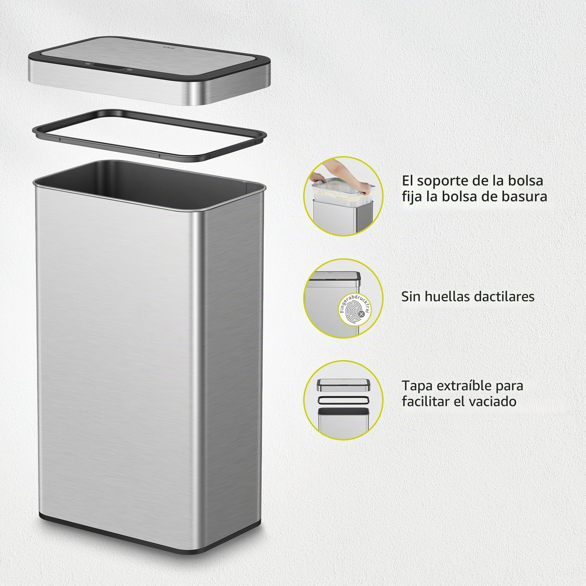 EKO Cubo de basura con sensor NOVA de 80 L, cubo de basura de cocina automático, con sensor de movimiento, tapa de cierre suave, resistente a las huellas dactilares, acero inoxidable mate