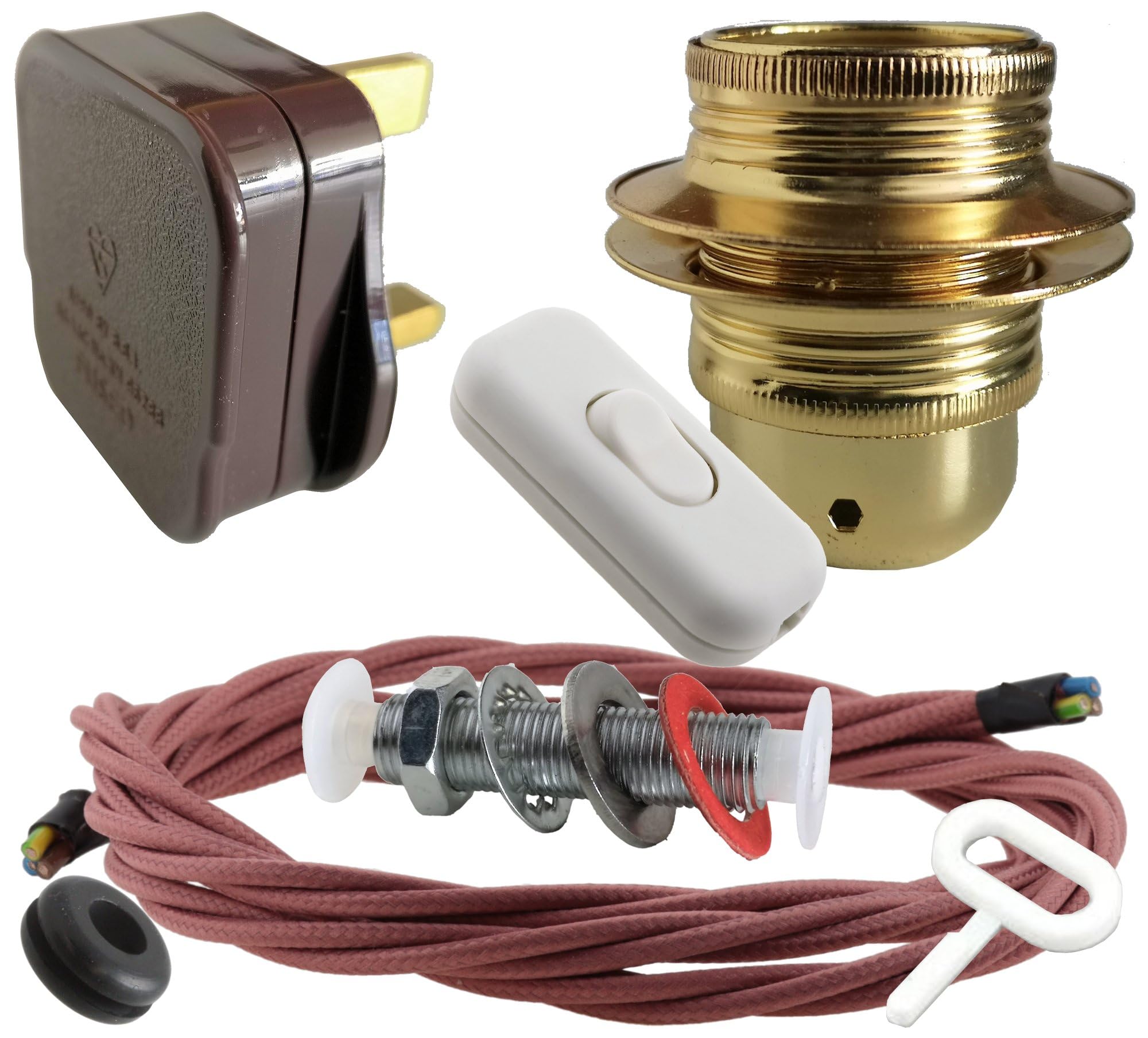 Art Deco Emporium Lamp Repair and Service Kit|Brown Plug|Duskey Pink Flex|White Switch|E27 Brass Finish Lamp Holder Holder