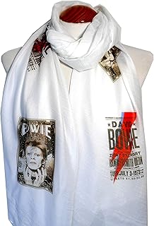 David Bowie scarf. White scarf with Ziggy Stardust and retro Bowie poster print