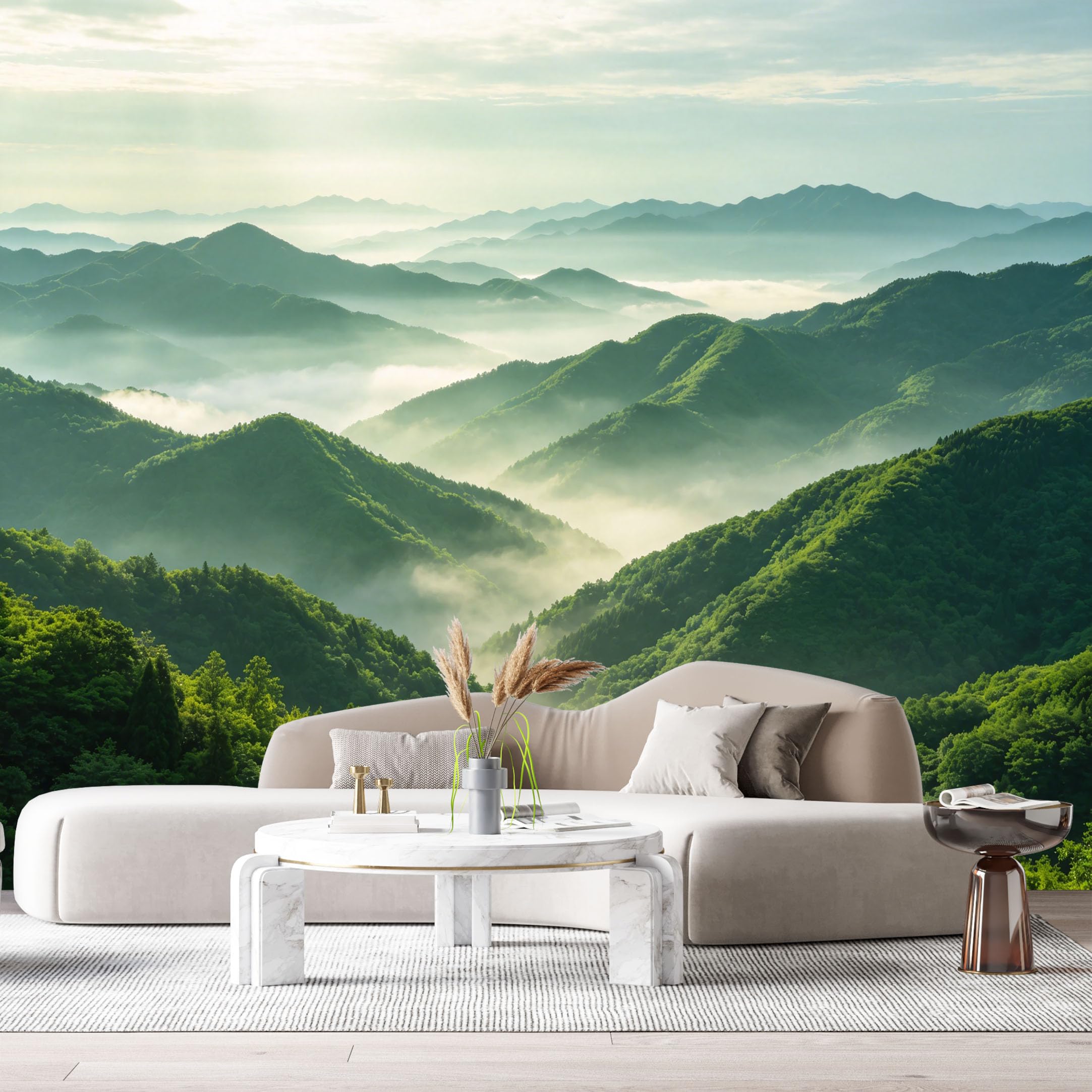 Custom Size Wall Murals Misty Green Mountains Landscape Morning Fog Forest Valley SelfAdhesive Wall Fabric Removable Large Wallpaper for Photo Living Room