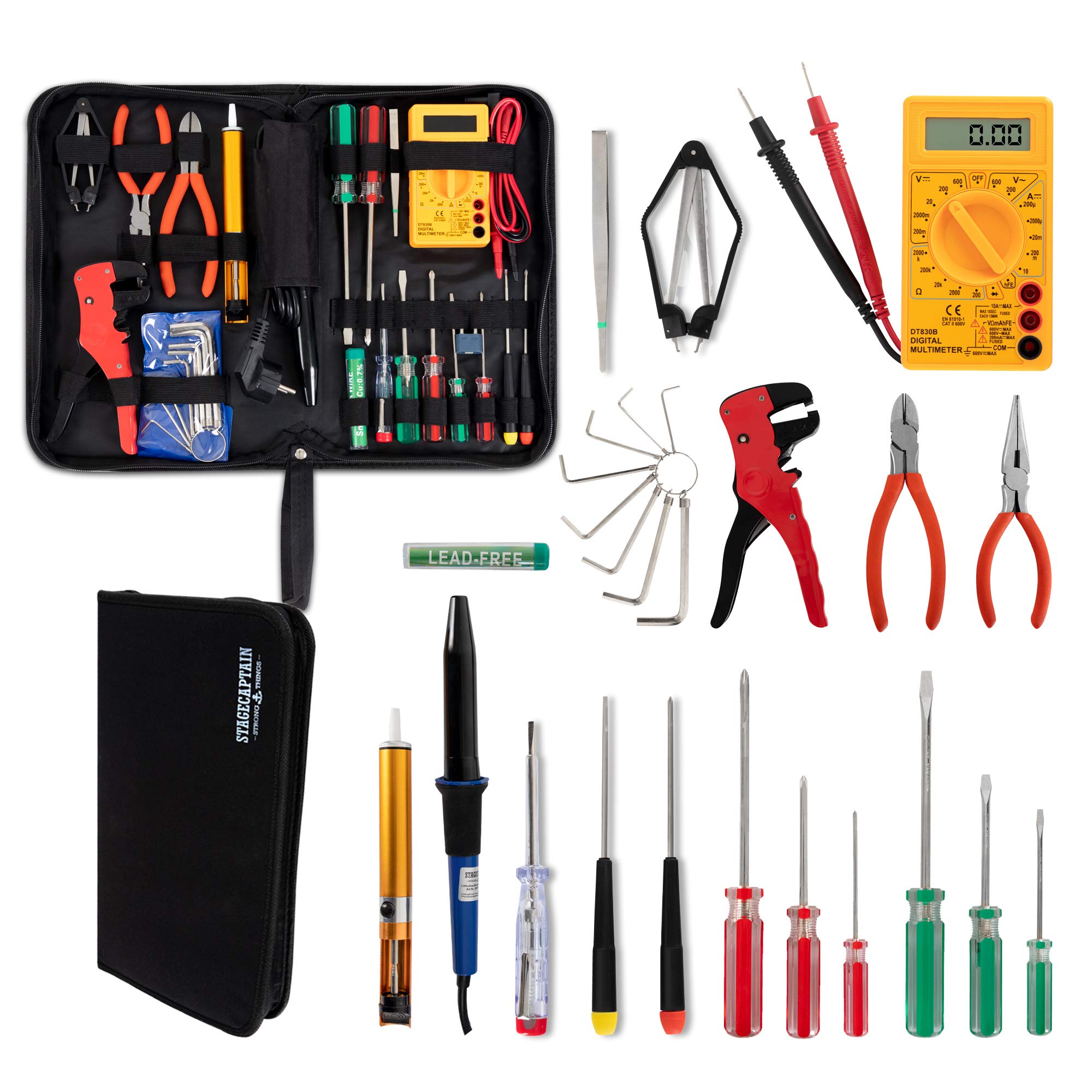 Stagecaptain EWS-15 Set D'Outils Électriques (27 pièces, incluant fer à souder et multimètre, pour salle de répétition, scène, espace de vie et atelier, complet dans un étui pratique)