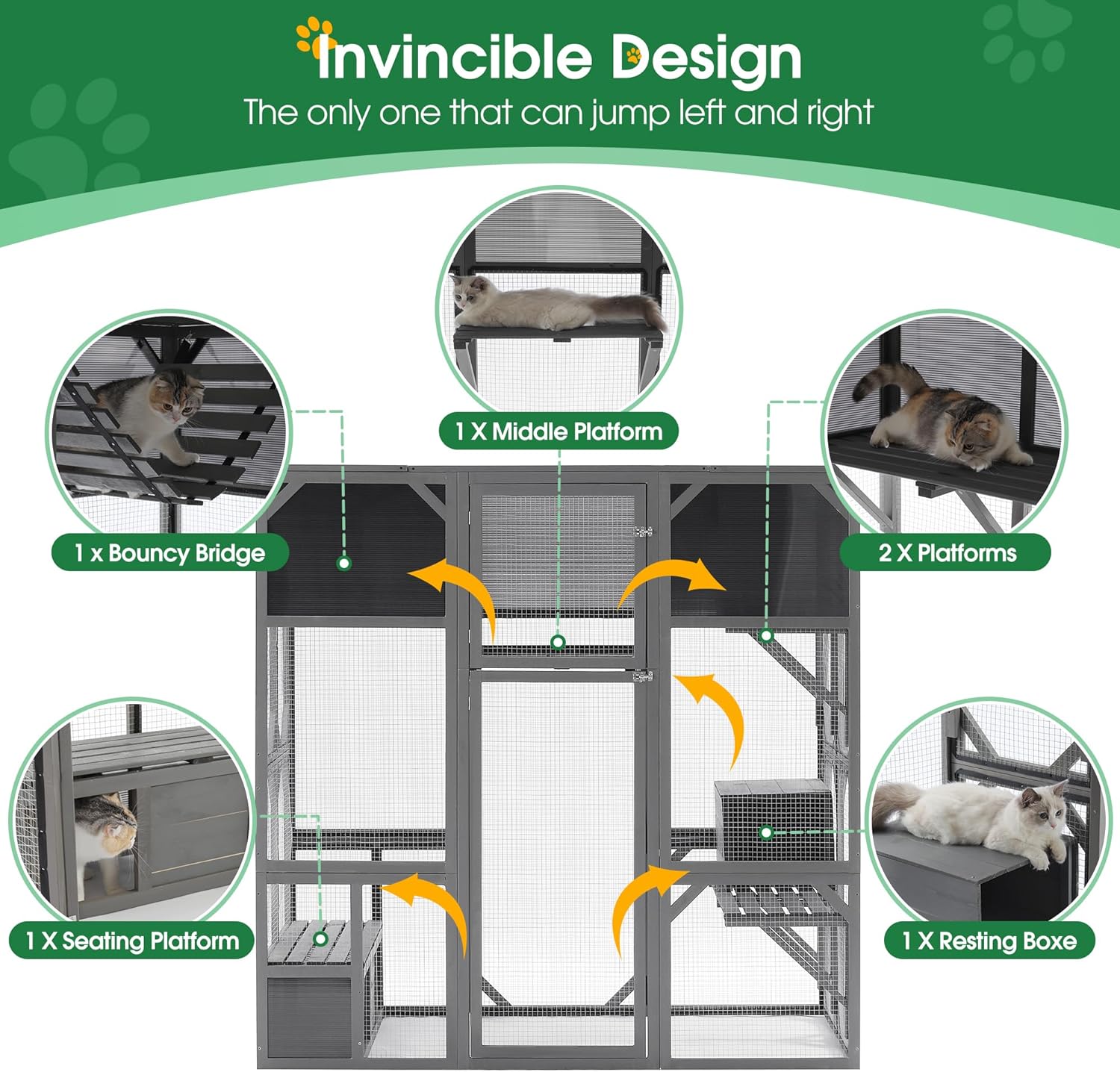 Ball & Cast Outdoor Wooden Cat House Catio Enclosure with Enter Door Kennel,Bouncy Bridge,Platforms and Small Houses,Waterproof,for Walk-in Kitty Kennel,Dark Grey